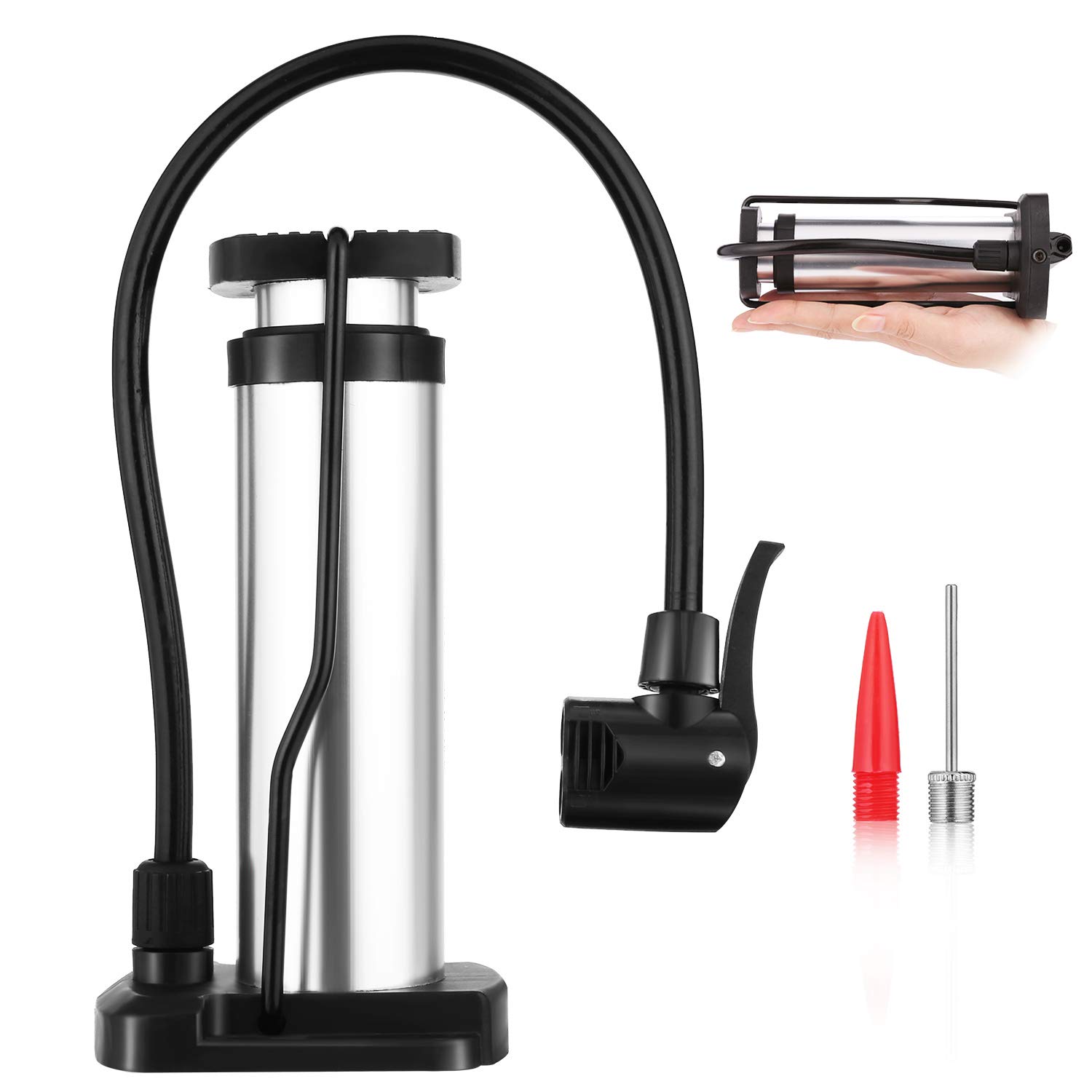 Speedrid Mini Bike Pump - Portable Compact Bicycle Floor Pump with Presta/Schrader/Dunlop Valves - Hand & Foot Activated - Includes Extra Valve & Needle - Perfect for Road Bikes, Mountain Bikes & Inflating Sports Equipment