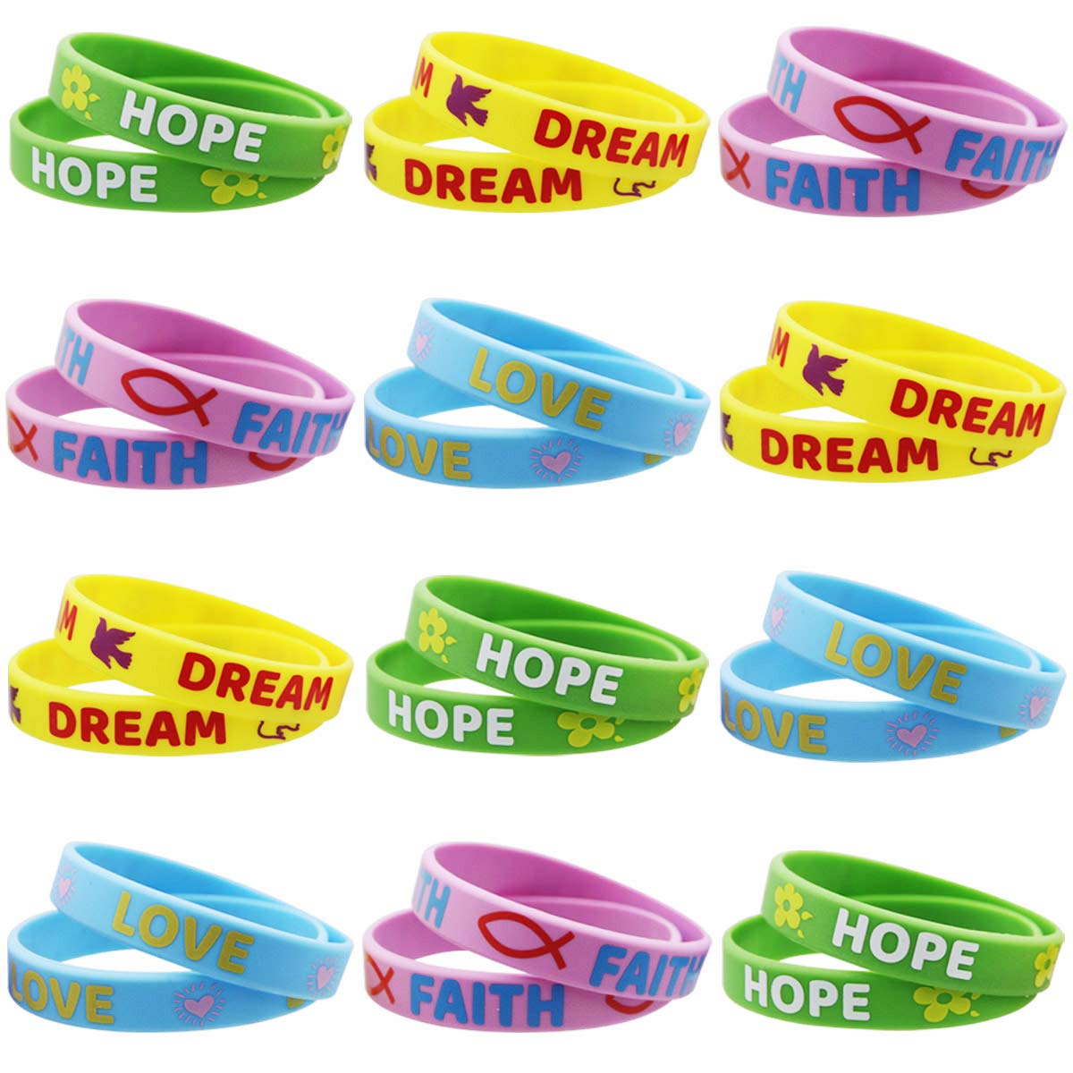 24 Inspirational Rubber Bracelets for Kids - Motivational Sayings (Faith, Hope, Love, Dream) - Easter Wristbands for Girls & Boys - Perfect for Easter Gifts, Party Favors & Sunday School Rewards