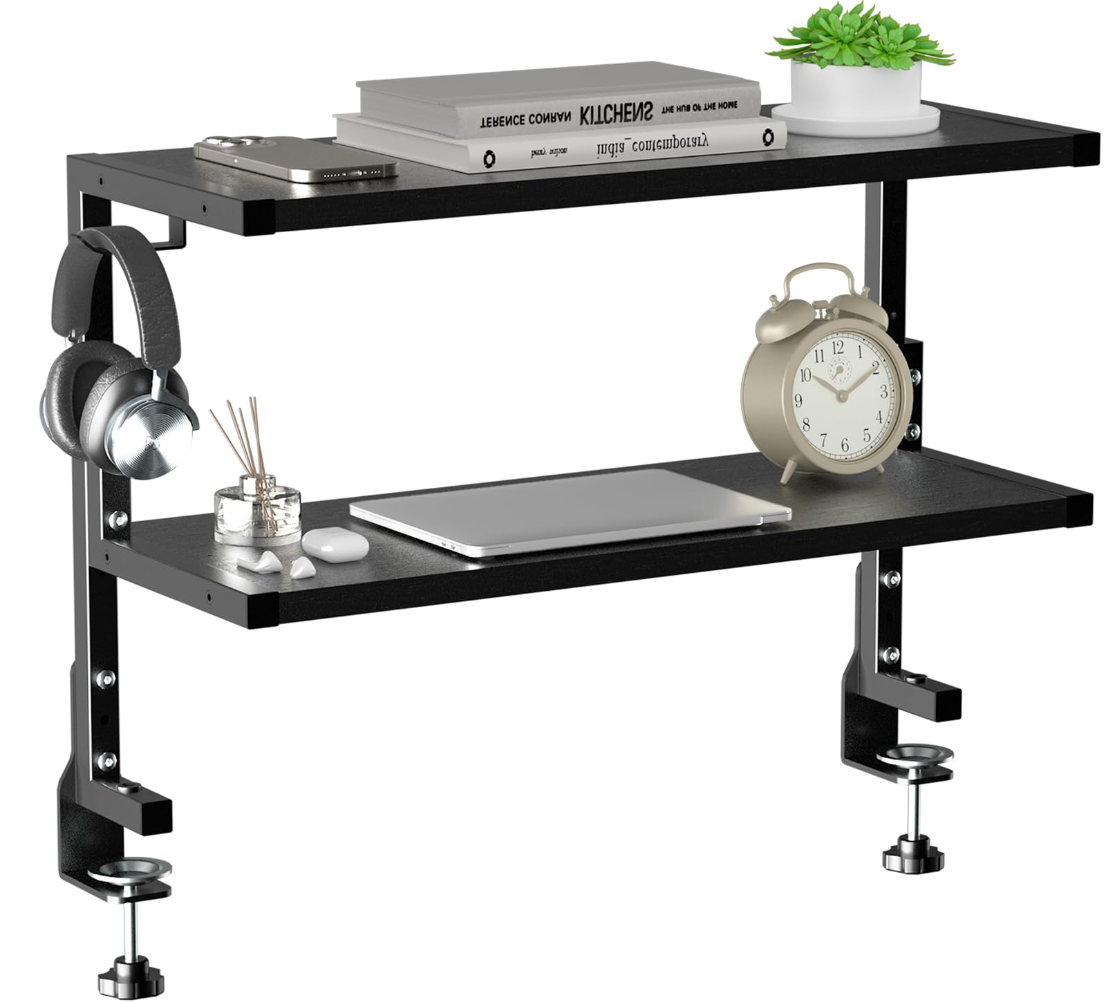 PUTORSEN 24 Inch Clamp-On Desk Shelf - Adjustable Under Desk or Above Desktop Organizer for Office, Gaming, Home Workspace - Black (Perfect for Monitors, Laptops, Keyboards & Office Supplies)