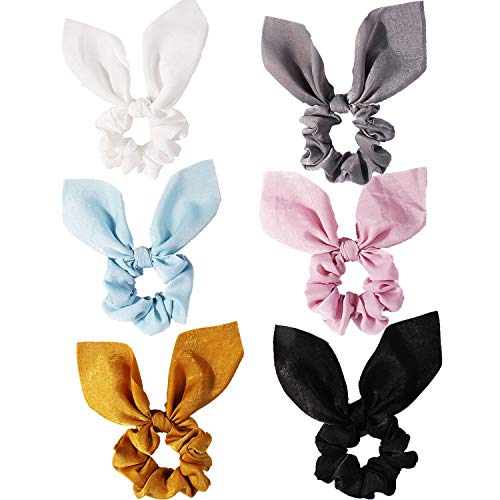 Cute Rabbit Ear Bow Scrunchies for Women & Girls - Soft Elastic Hair Ties with Large Bowknot - Pastel, Black, White, Yellow, Pink, Grey, Blue (6 Pack) - Perfect for Ponytails, Braids & Everyday Hair Accessories