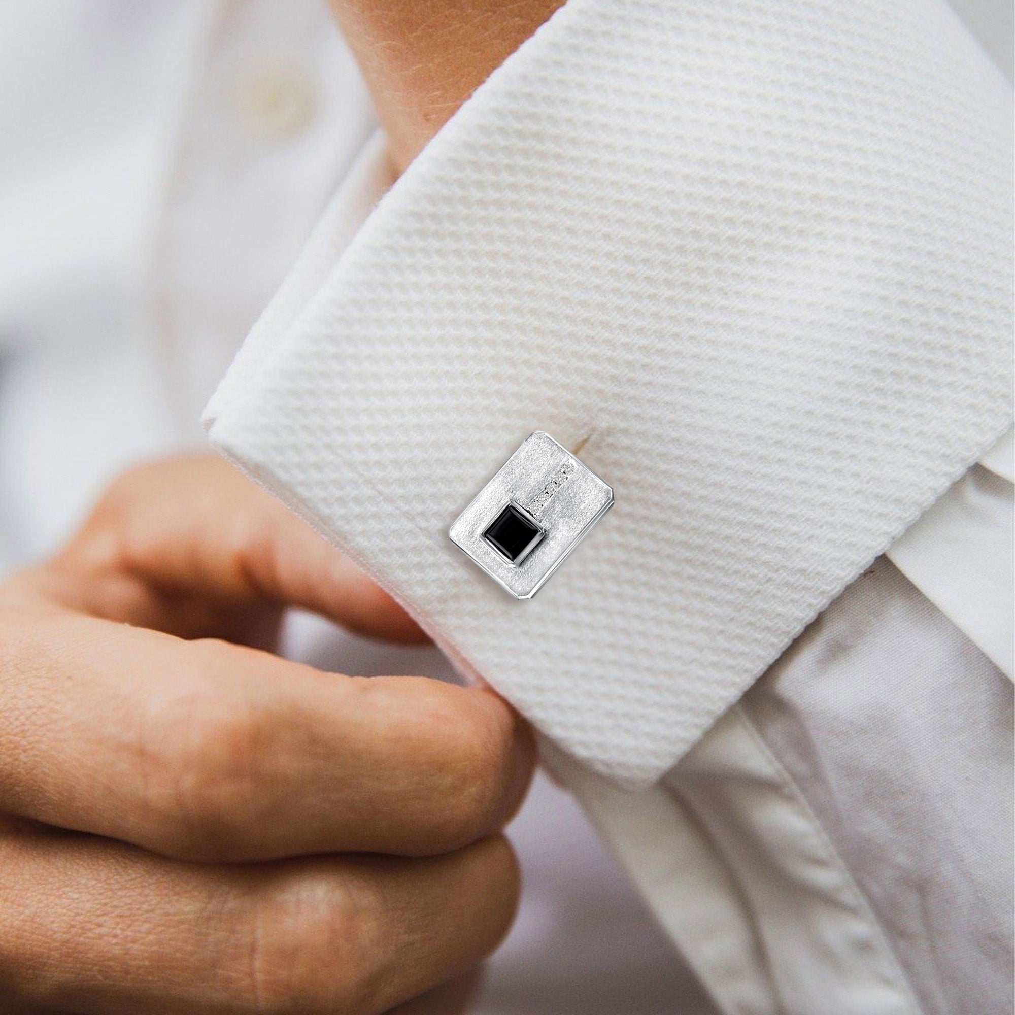 14K White Gold Rectangle Diamond & Onyx Cufflinks for Men - Elegant Formal Wear Accessories for Weddings, Business & Special Occasions
