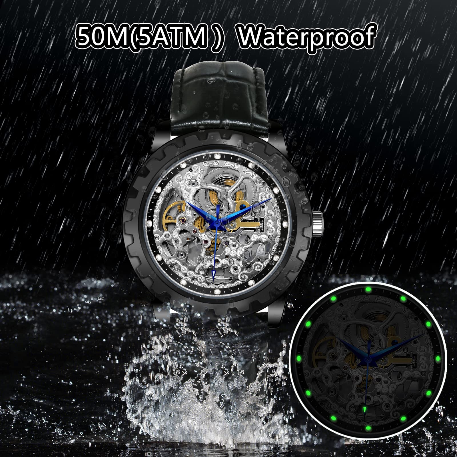 BERNY Men's Automatic Mechanical Skeleton Luxury Dress Watch - Gold Stainless Steel Case, Silver Dial, Black Leather Band, Luminous Markers, 5ATM Waterproof, Exhibition Back | Perfect for Business, Formal Events & Gift Giving