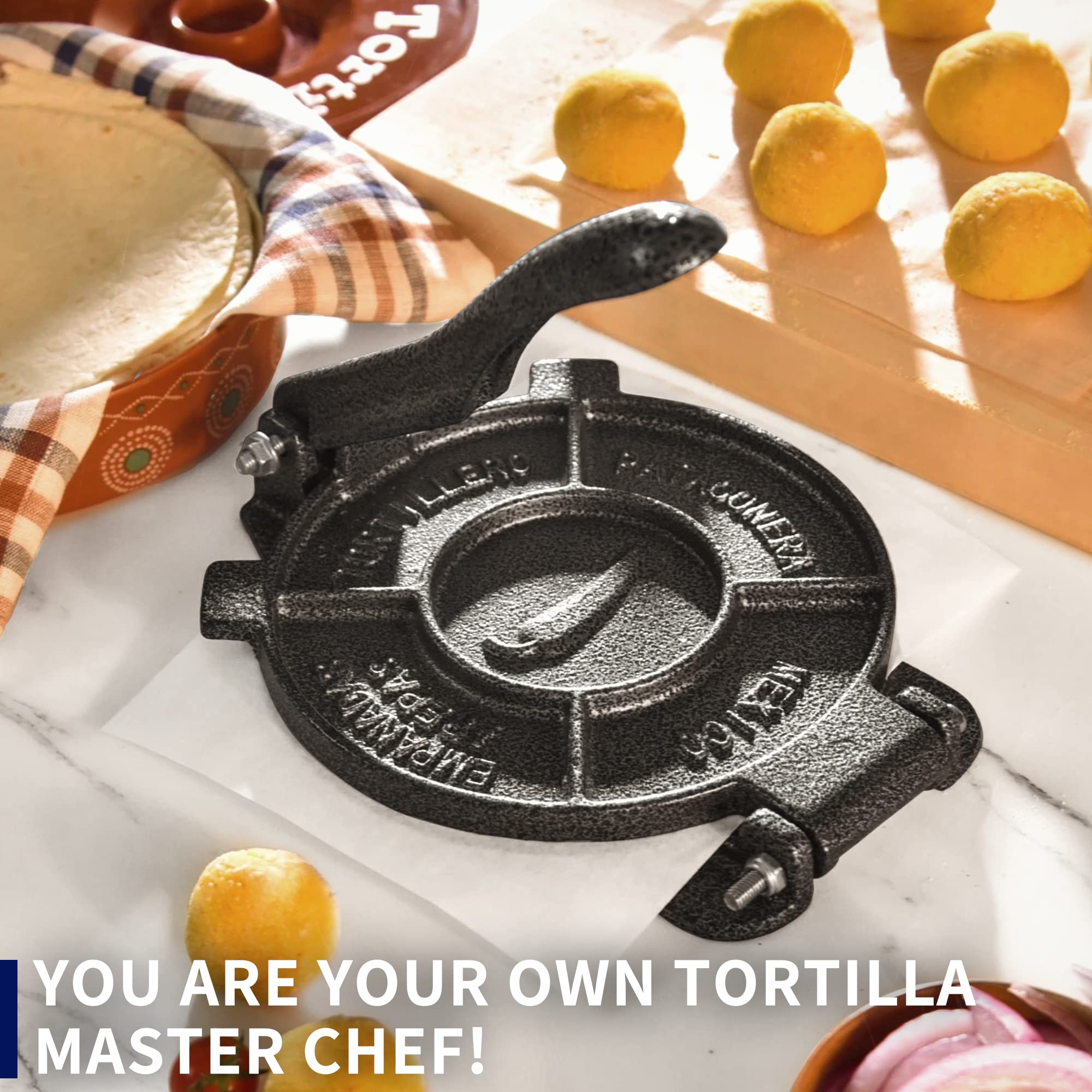 6.5 Inch Cast Iron Tortilla Press Maker - Heavy Duty Tortillera Pataconera with 100 Pcs Parchment Paper - Flour Tortilla Press, Roti Maker, Taco Press (Black Gray) - Perfect for Making Homemade Tortillas, Tacos, Roti & More