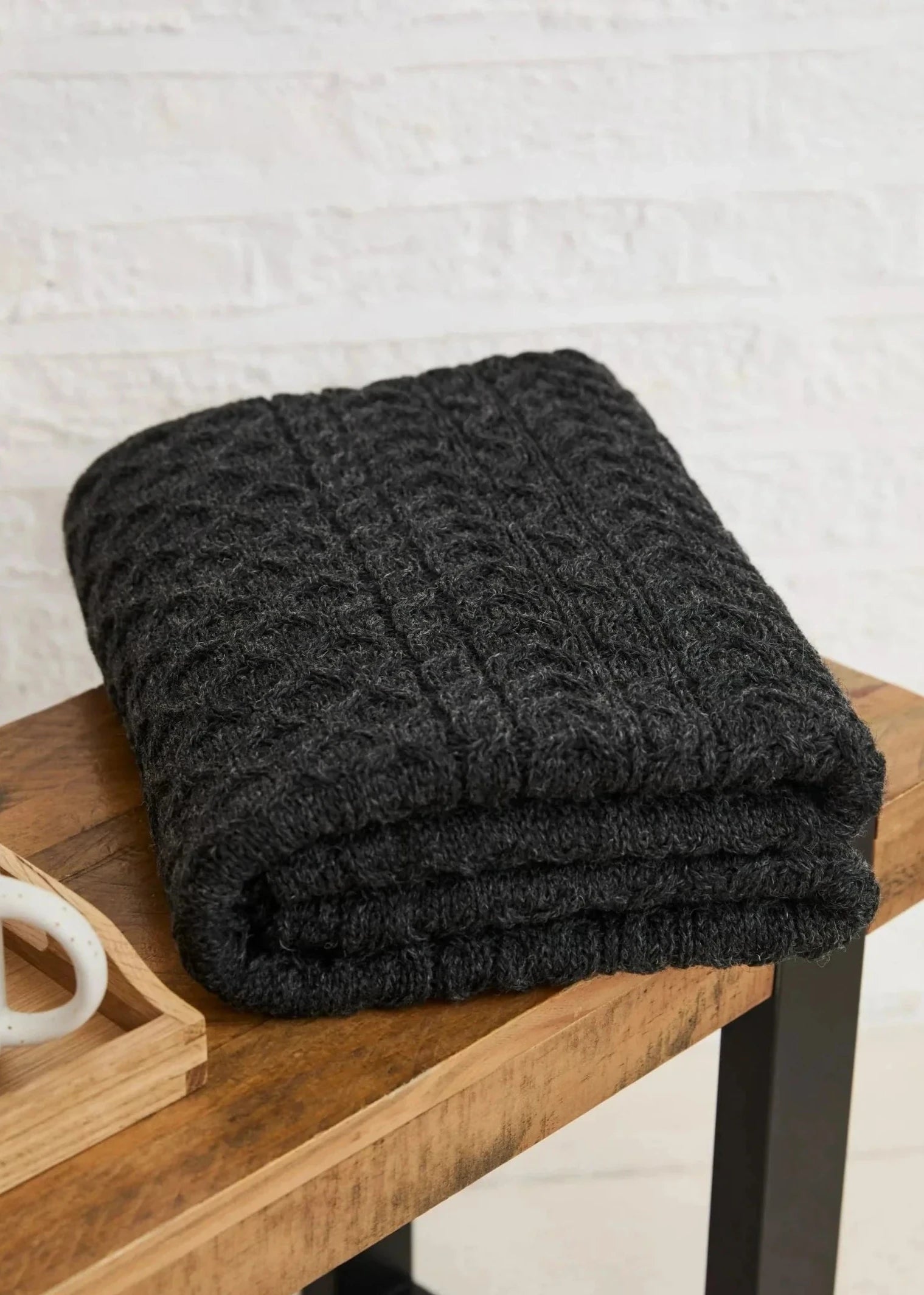Premium Aran Pure Wool Throw Blanket - Soft & Warm Charcoal Grey - Cozy Home Decor for Living Room, Bedroom & Winter Nights