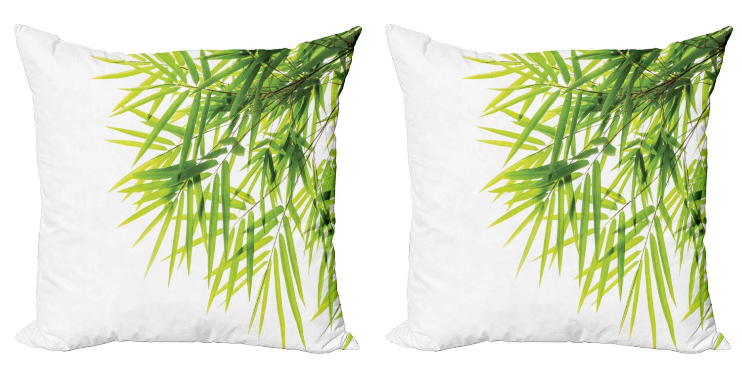 Ambesonne Asian Jungle Themed Throw Pillow Covers (Pack of 2) - Green Leaves & Branches Digital Print, Zippered Double-Sided 16