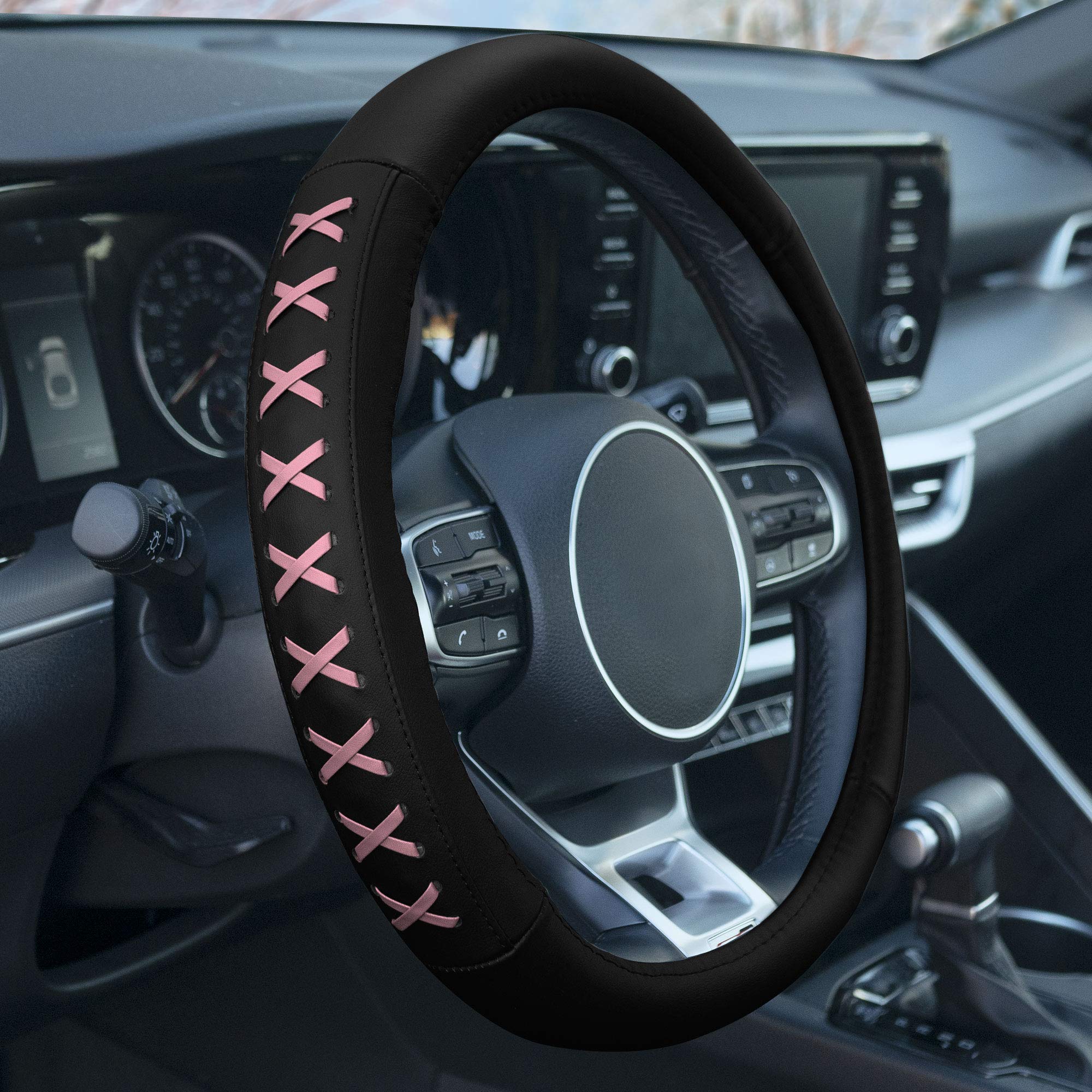 TLH Universal 15 Inch Pink Genuine Leather Steering Wheel Cover with Lace-Up Design - Non-Slip Grip for Cars, Trucks & SUVs - Perfect for Women Drivers & Gift Giving