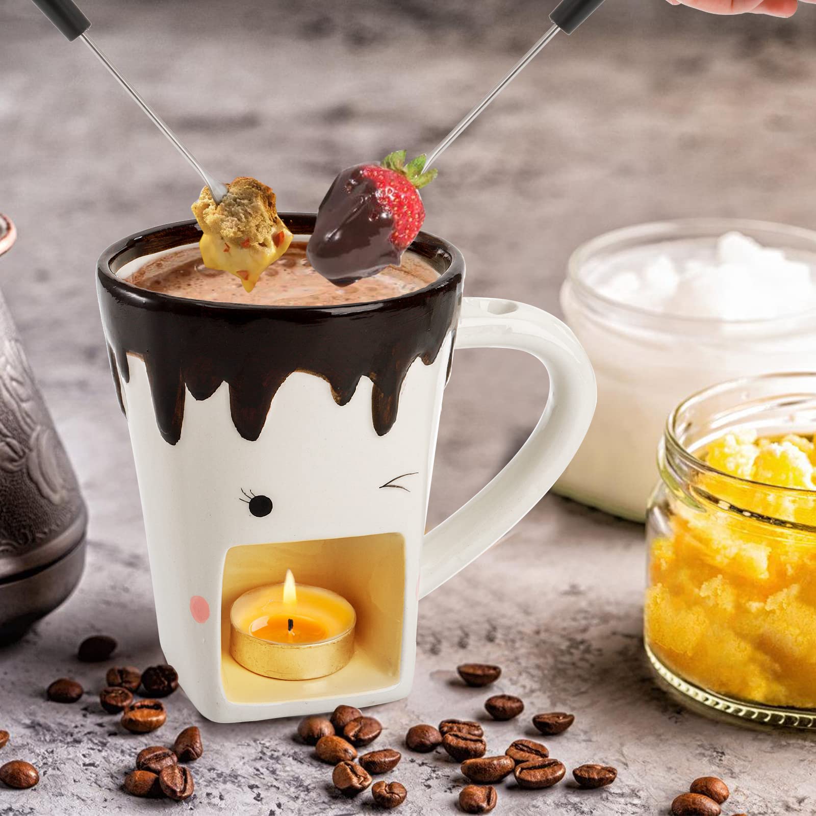 Set of 2 Ceramic Fondue Mugs with Forks - Personal Chocolate Melting Cup & Cheese Warmer - Mini Butter Warmer Pot with Tealight Candle - Perfect for Caramel, Tapas & Romantic Dinners