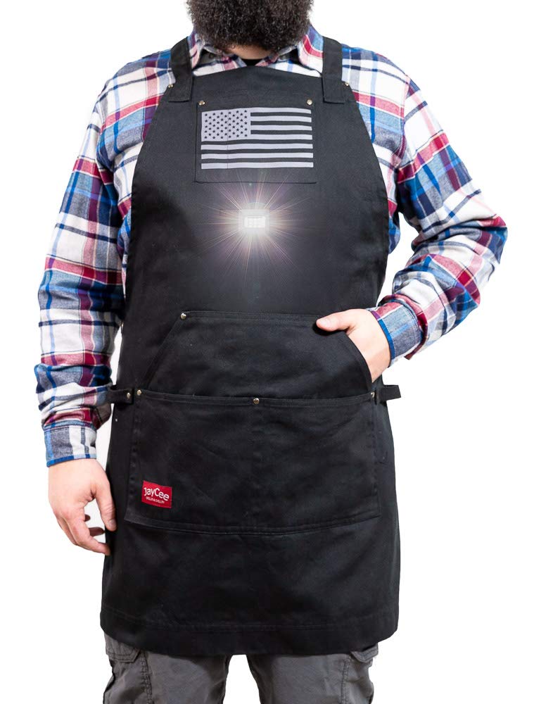 JayCee BBQ Apron for Grilling, Cooking & DIY - Heavy Duty 10 oz Cotton Chef Apron with 5 Pockets, Cross Back Straps & 2 Tool Loops - Perfect for Outdoor BBQ, Kitchen, Workshop & Gardening Gifts