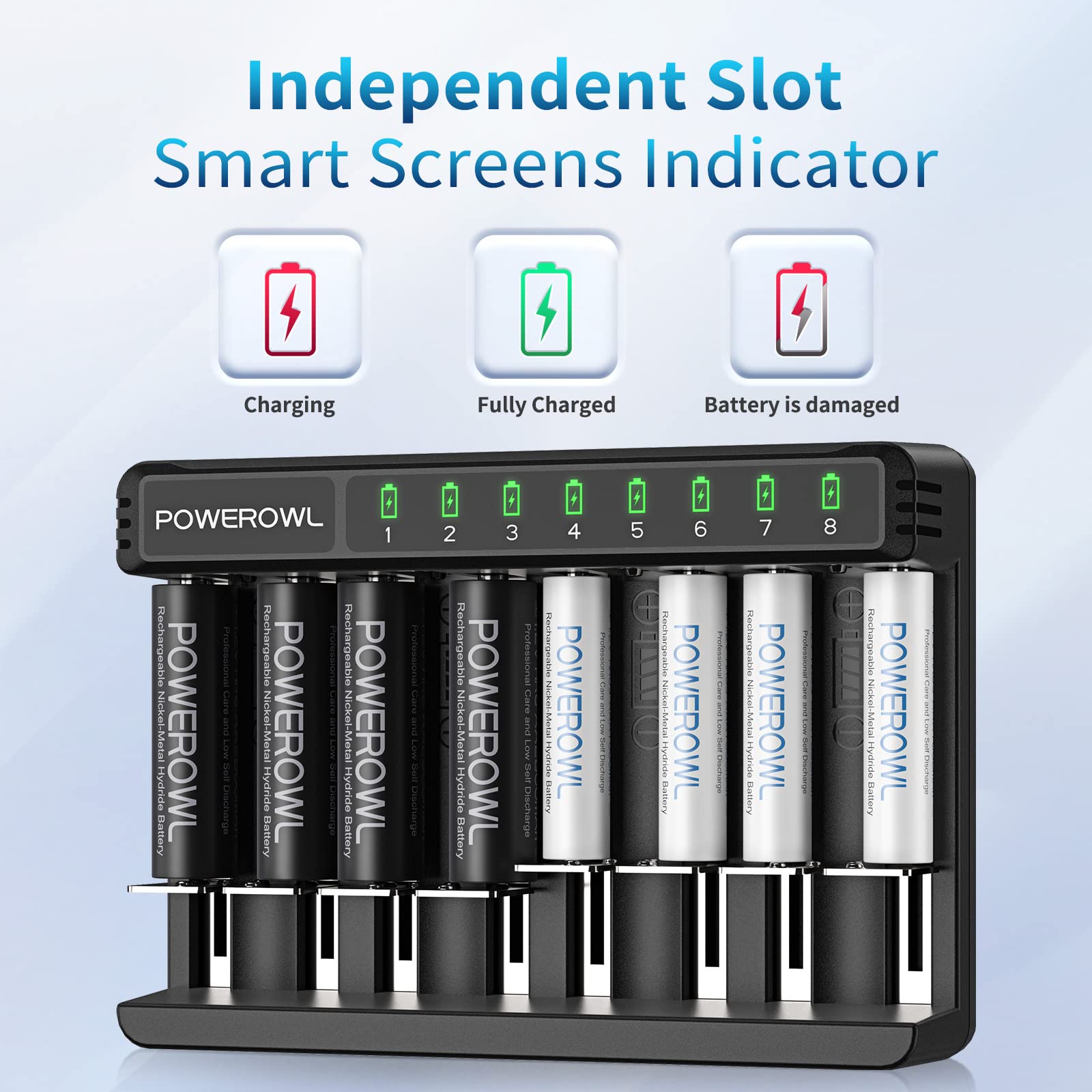 POWEROWL 4AA & 4AAA Rechargeable Batteries with Fast Charger - USB-C & Micro USB Ports - Compatible with AA AAA C D Batteries - Perfect for Cameras, Toys, Flashlights and Electronic Devices