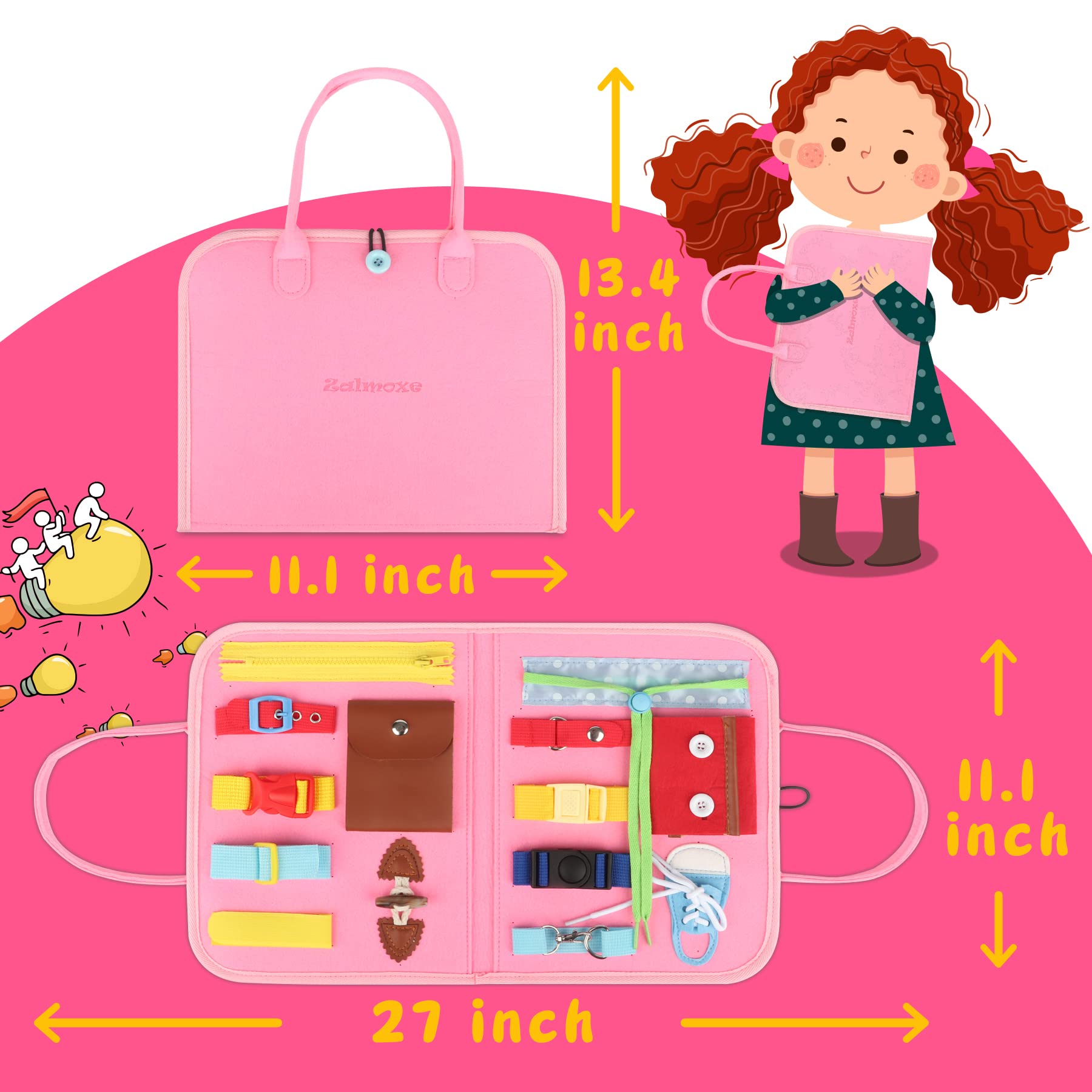 Montessori Busy Board for Toddlers 1-4 Years - Sensory Learning Toys with Buckles & Zippers - Educational Dress Skills Activity Board for Boys & Girls - Travel Toys for Airplane & Car Rides - Perfect Gift for Preschoolers (Pink)