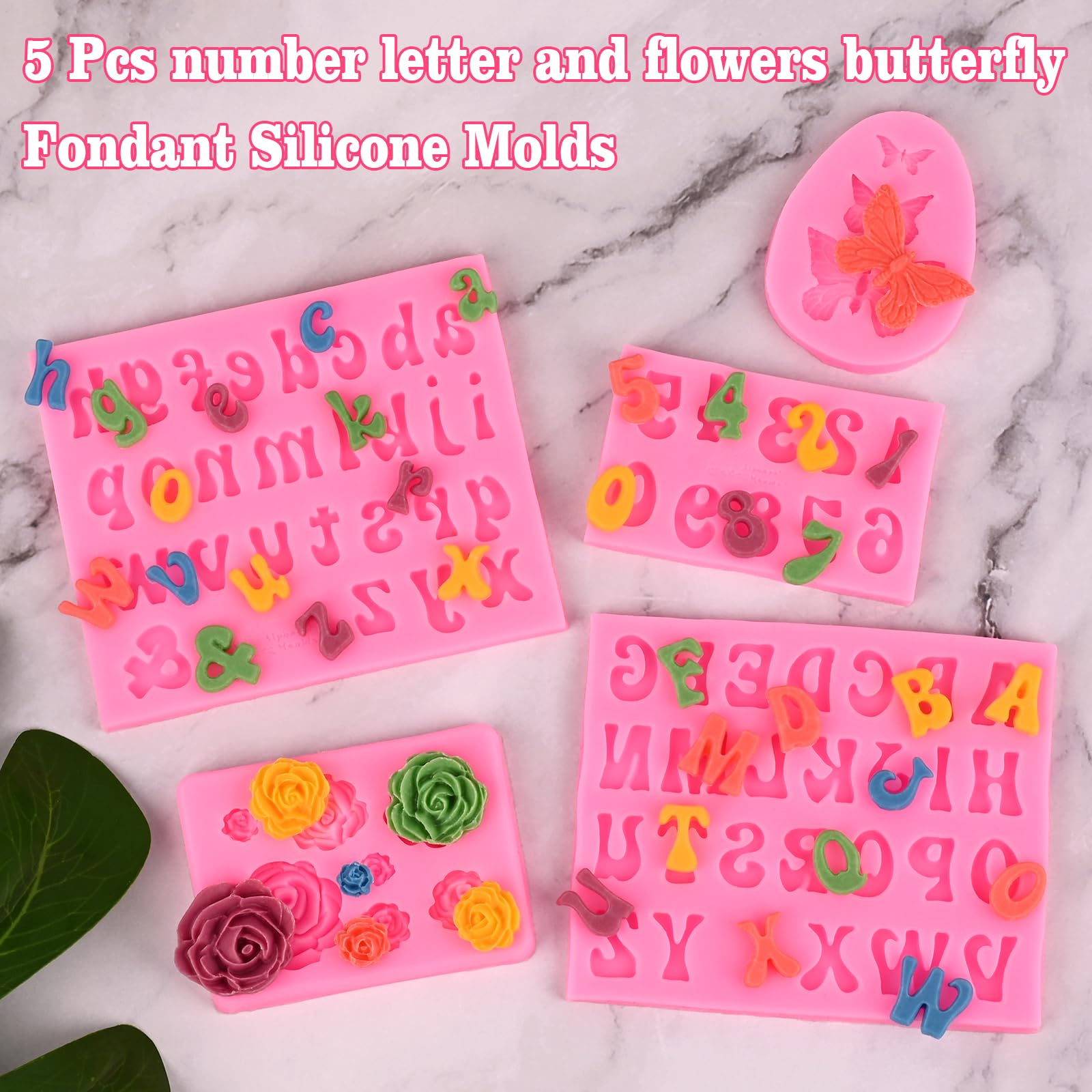 5-Piece Silicone Alphabet & Number Chocolate Molds Set - Uppercase, Lowercase Letters with Flower & Butterfly Designs for Cake Decorating, Candy Making, Fondant Crafts (Ideal for Birthday Parties, Wedding Cakes, DIY Desserts)