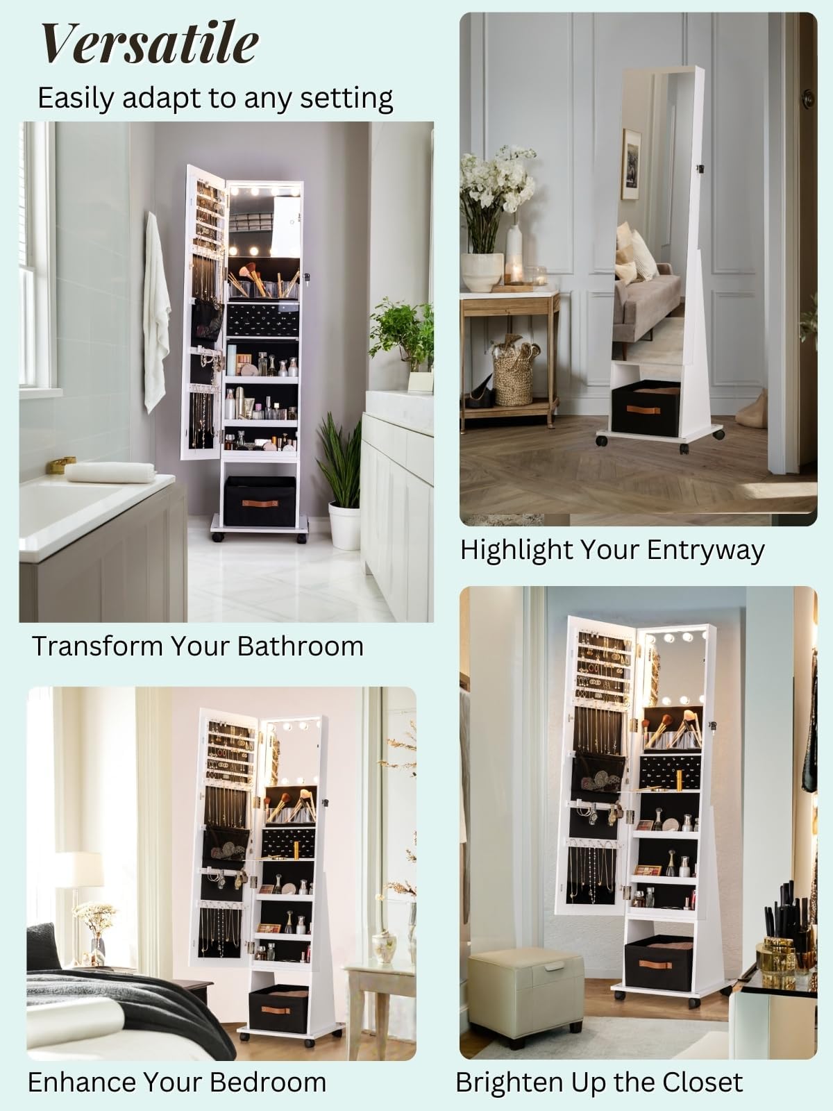 LUXFURNI 8 LED Rotating Jewelry Armoire with Full Length Mirror - 66