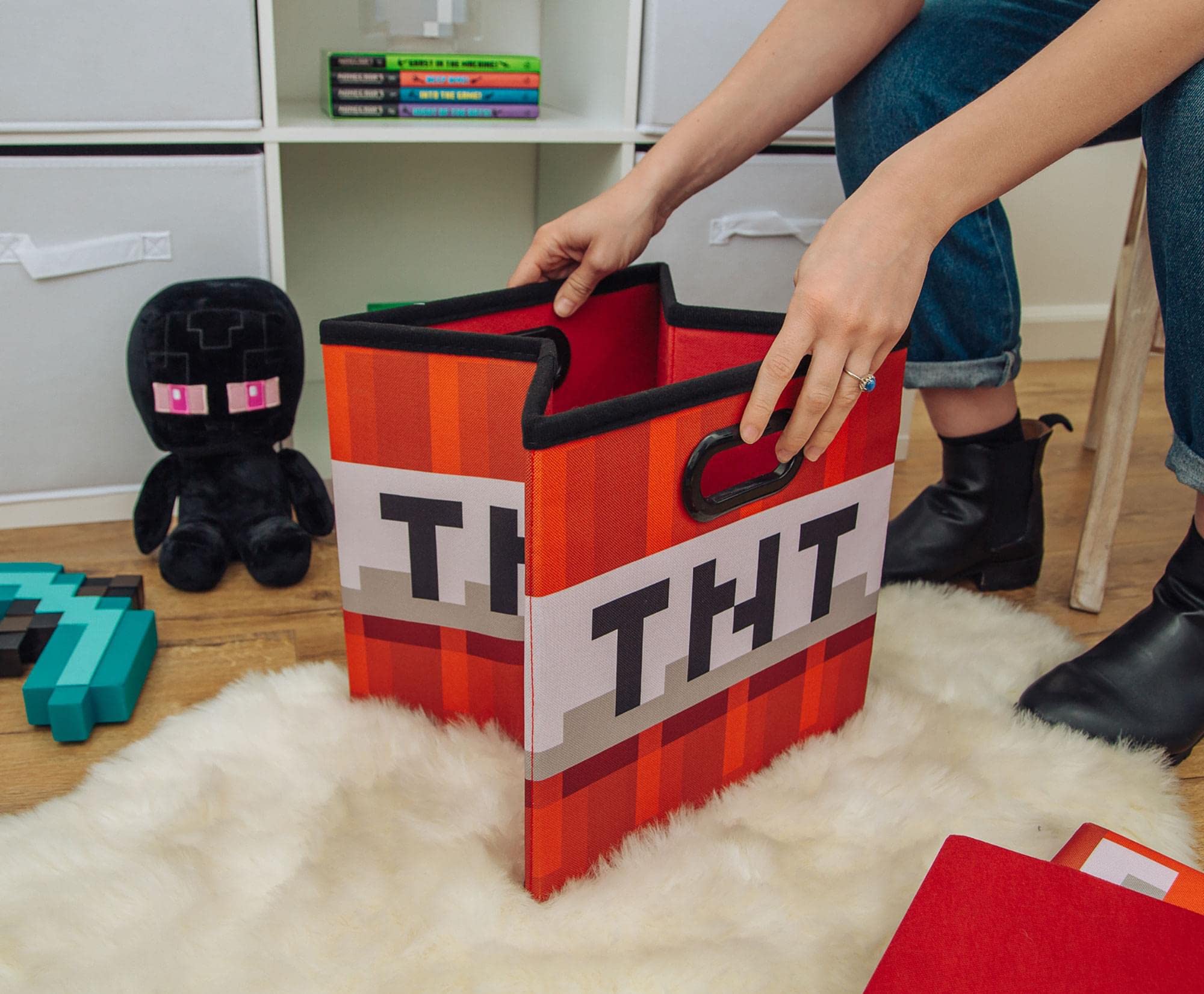 Minecraft TNT Block 13-Inch Storage Bin with Lid | Foldable Fabric Cube Organizer with Handles | Toy Storage, Closet Organizer, Shelving Decor | Perfect for Kids' Rooms, Game Room Organization & Video Game Gifts