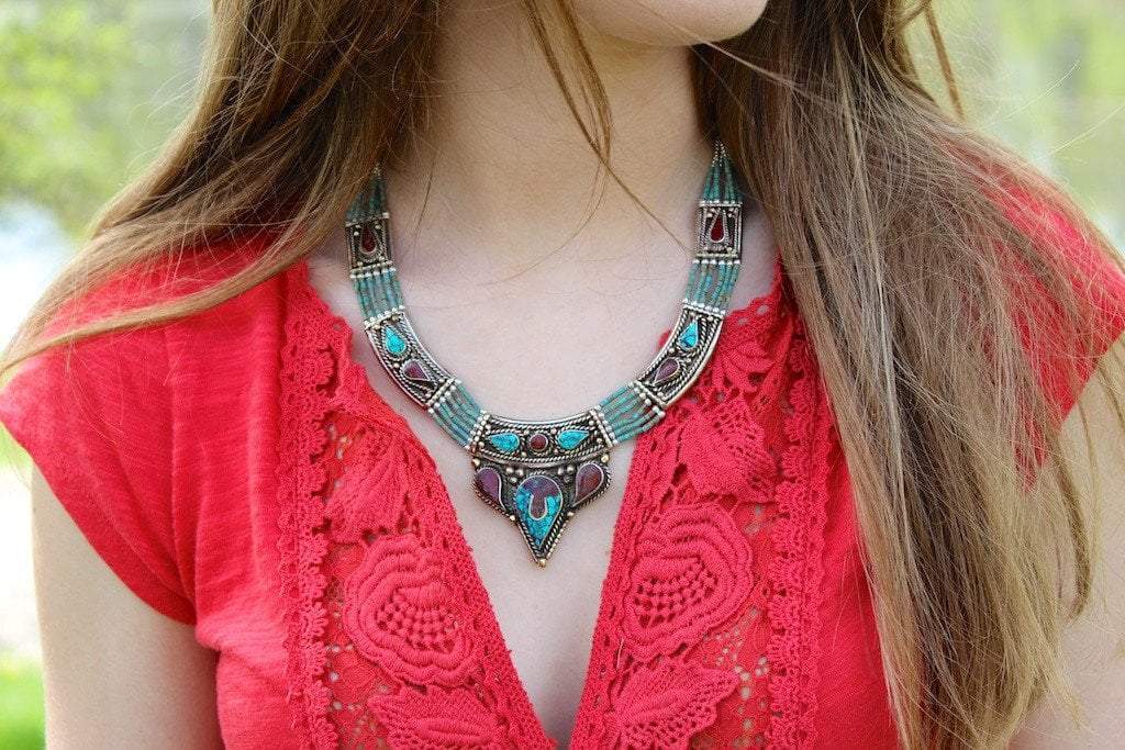 6 Strands Genuine Turquoise Tibetan Heishi Necklace – Handmade Beaded Jewelry for Women, Boho Chic Accessory – Perfect for Festivals, Yoga & Spiritual Healing
