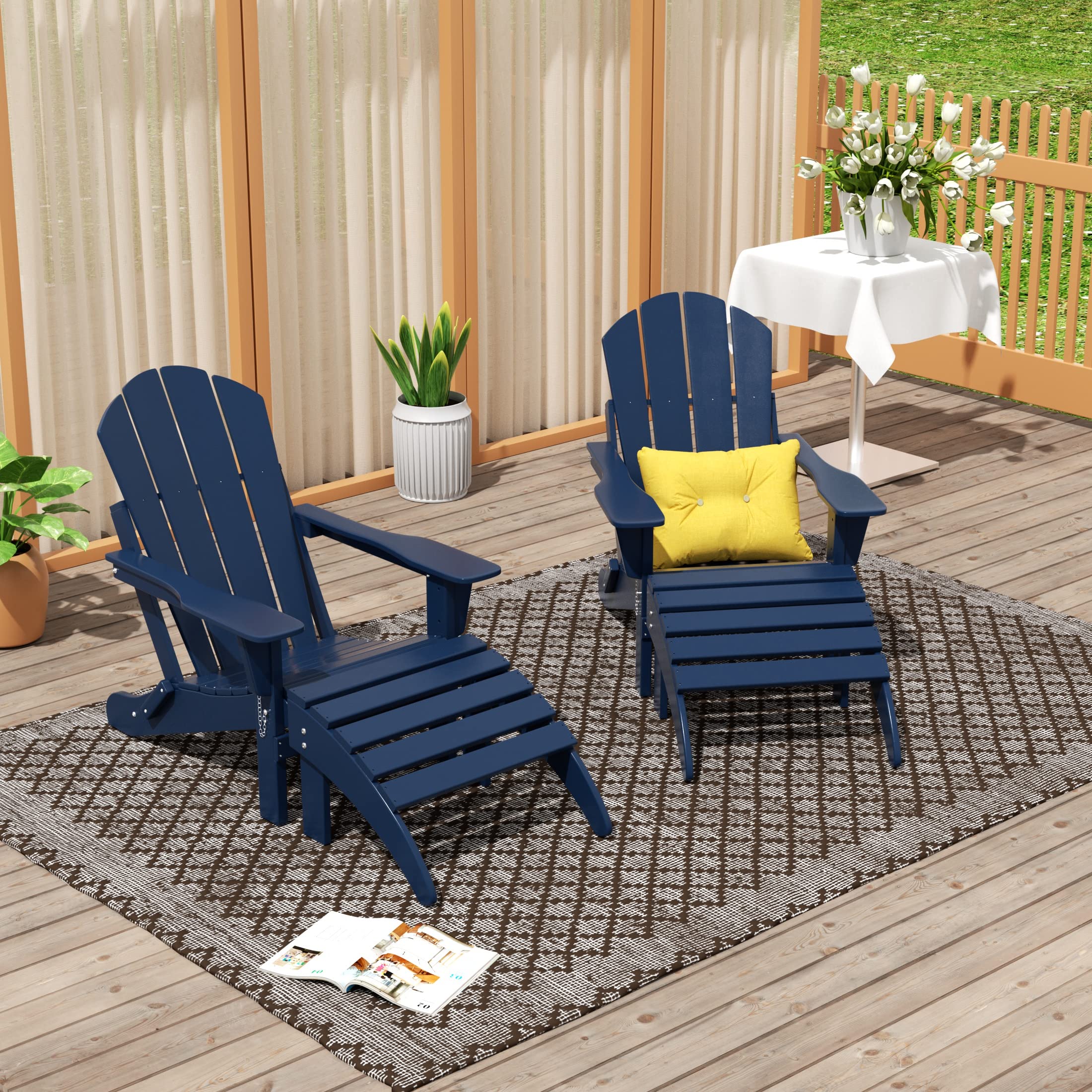 Premium WO Home Adirondack Chair & Ottoman Set - 2-Piece Classic Outdoor Patio Furniture in Navy Blue - Perfect for Backyard, Garden, Poolside & Deck Relaxation