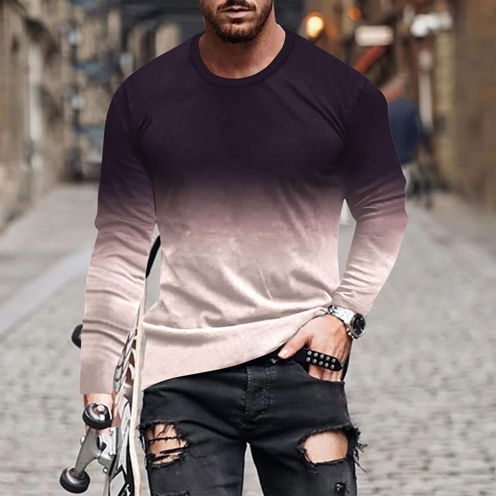 Muscularfit Men's Long Sleeve Graphic Tee - Casual Gradient Color Pullover Sweatshirt for Fall | Athletic Loose Fit Shirt for Gym, Workout & Streetwear Fashion