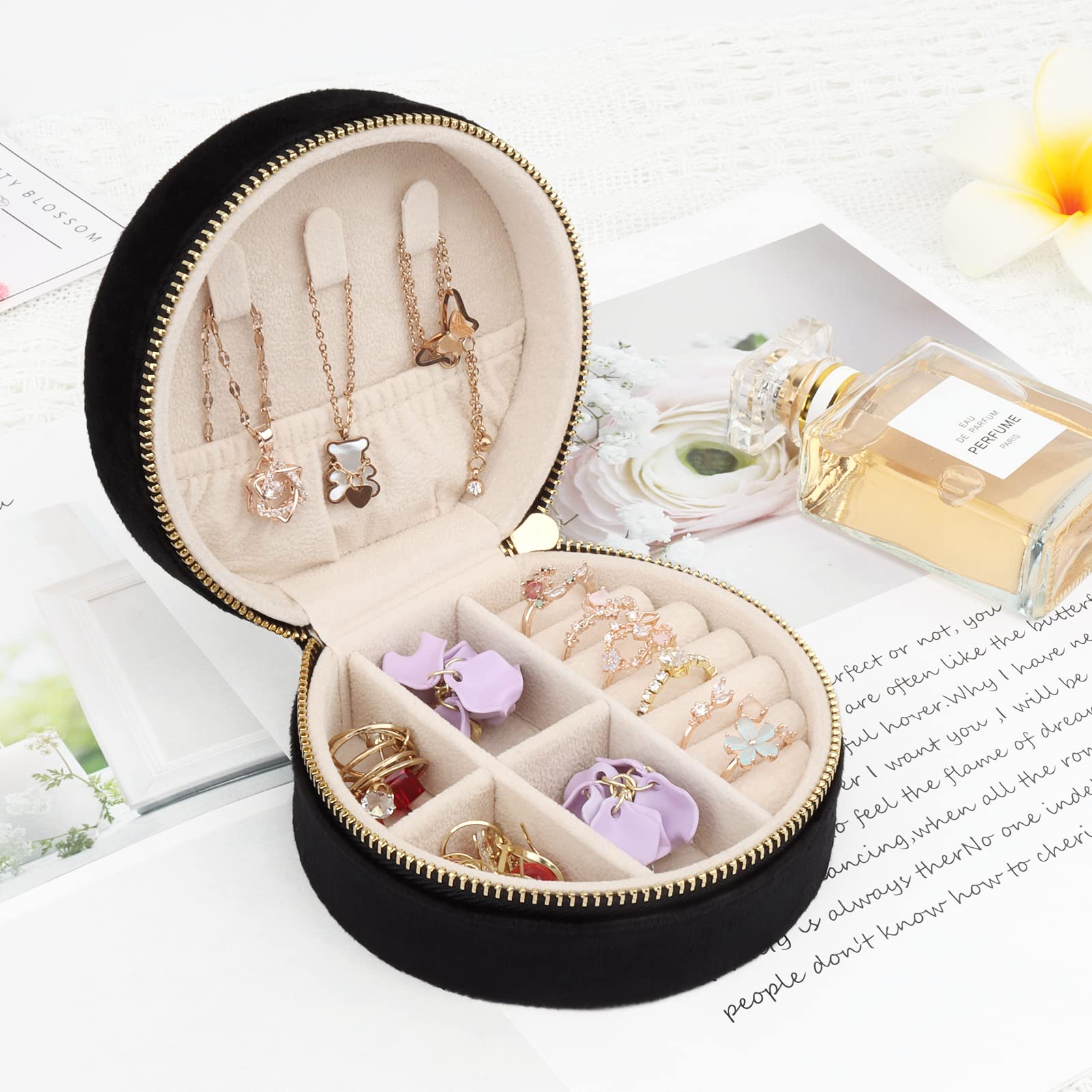 DesignSter Travel Jewelry Box - Velvet Mini Jewelry Organizer for Women & Girls, Small Jewelry Storage Case for Rings, Earrings, Necklaces - Portable Jewelry Holder for Travel, Home, Office (Circular, Black)