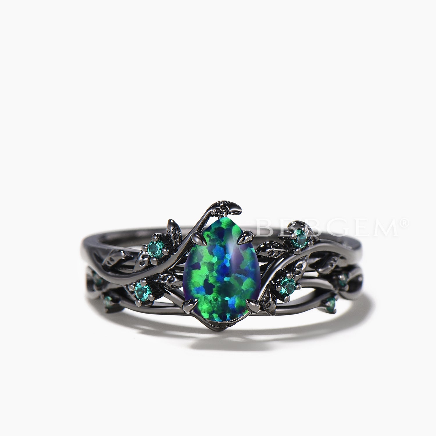 Natural Black Opal Engagement Ring with Emerald Accents - 14K Black Gold Bridal Set for Women, Perfect for Weddings, Anniversaries & Special Occasions