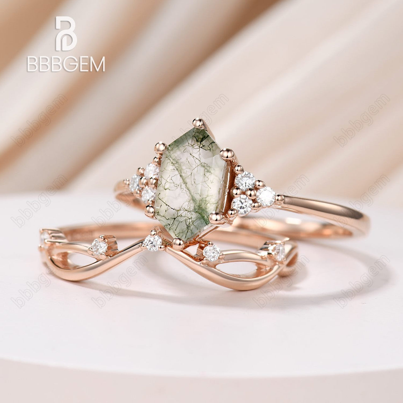 Vintage Moss Agate Hexagon Cut Branch Leaf Vine Art Deco Promise Ring Set for Women - Nature Inspired Jewelry for Engagement, Wedding, Anniversary & Everyday Boho Fashion
