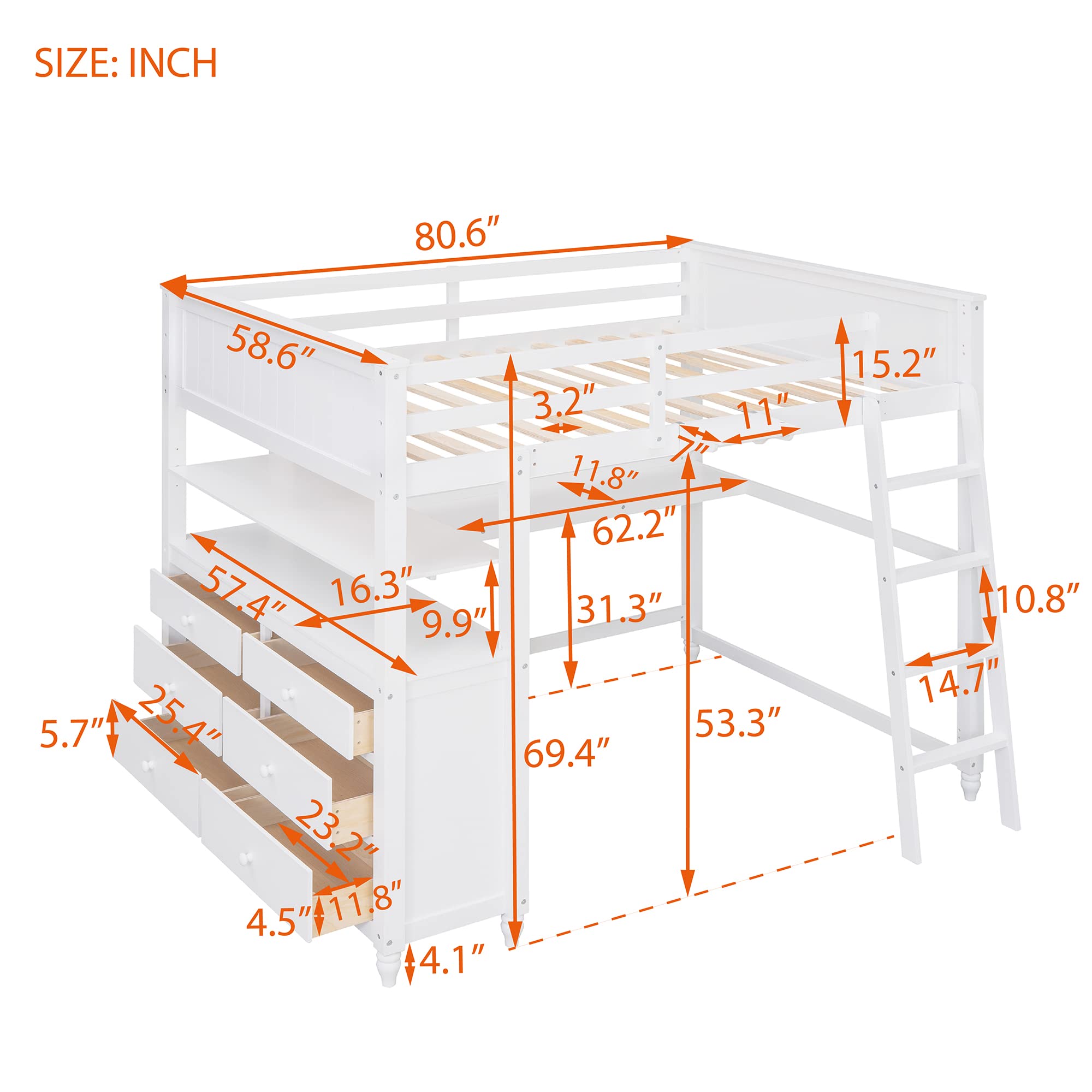 **Harper & Bright Designs Full Size Loft Bed with Built-in Desk & Storage - Solid Wood Frame with Drawers & Shelves for Kids, Teens & Adults - White - Perfect for Small Spaces, Dorm Rooms & Home Offices**