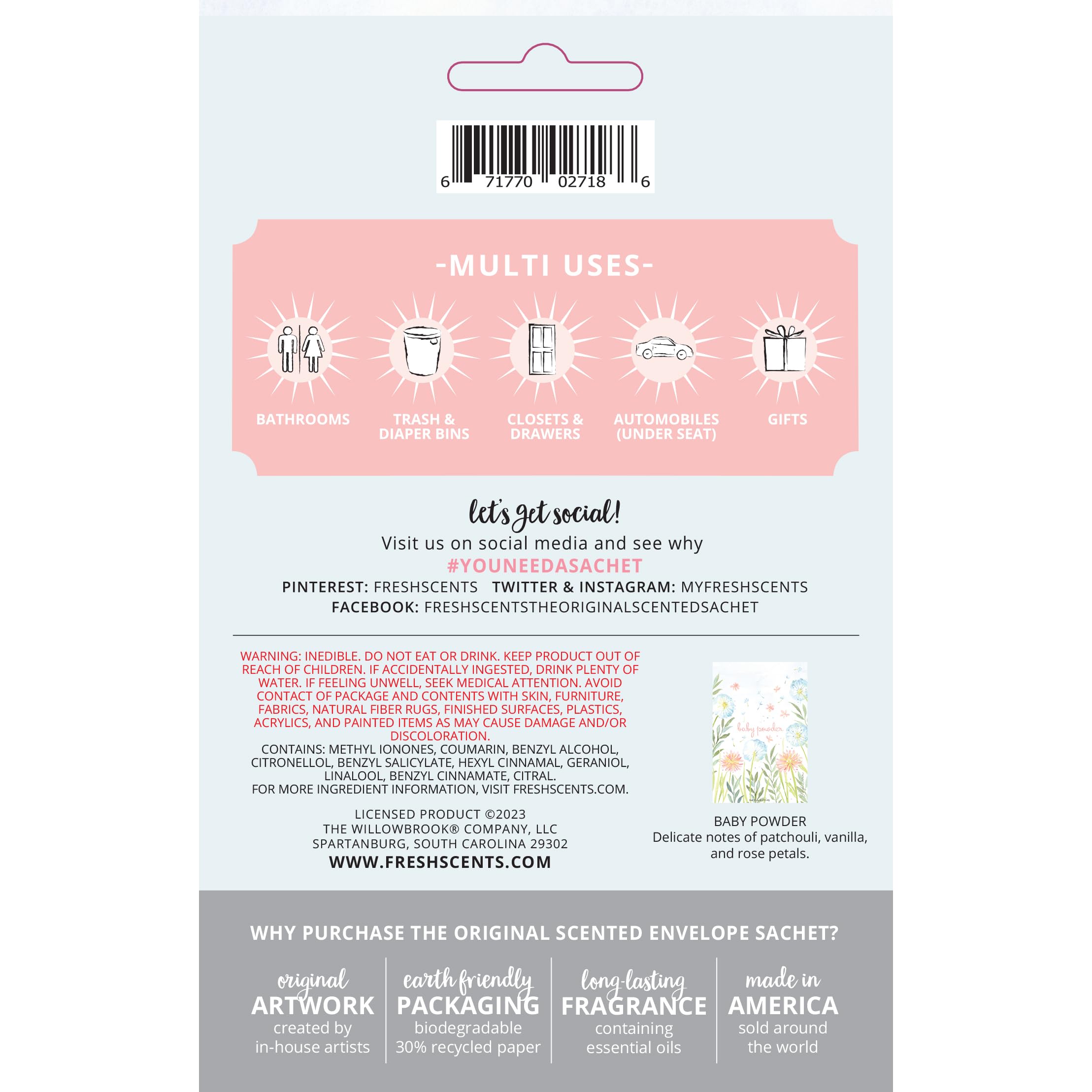 WILLOWBROOK | Fresh Baby Powder Scented Sachets - 6 Pack | Long Lasting Drawer & Closet Fresheners | Car Air Freshener Bags | Home Fragrance for Nursery, Bedroom & Small Spaces