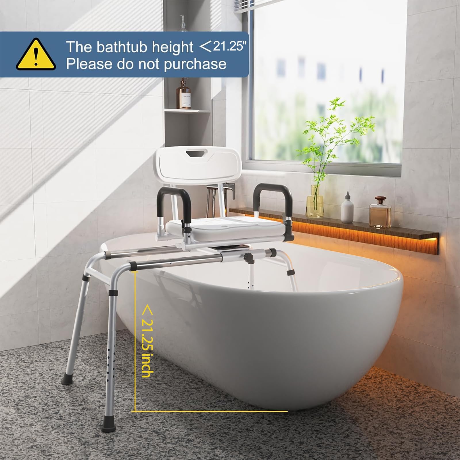 360° Swivel Shower Chair with Extra-Wide Seat - Adjustable Height Bath Transfer Bench for Seniors & Handicap (400 lbs Capacity) - Non-Slip Padded Arms for Safety - Ideal for Bathroom Mobility & Elderly Care - Silver, Large