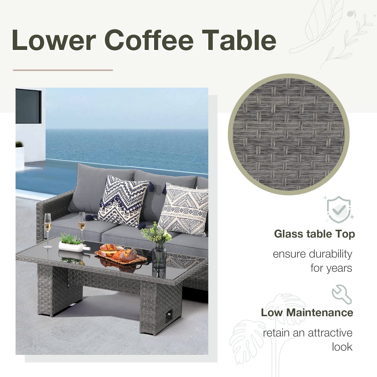 Outdoor Patio Lift Dining Table - Rectangle Wicker Coffee Table with Tempered Glass Top | Multi-Function Furniture for Backyard, Deck, Garden | Grey | Perfect for Outdoor Entertaining, Poolside Lounging & Alfresco Dining