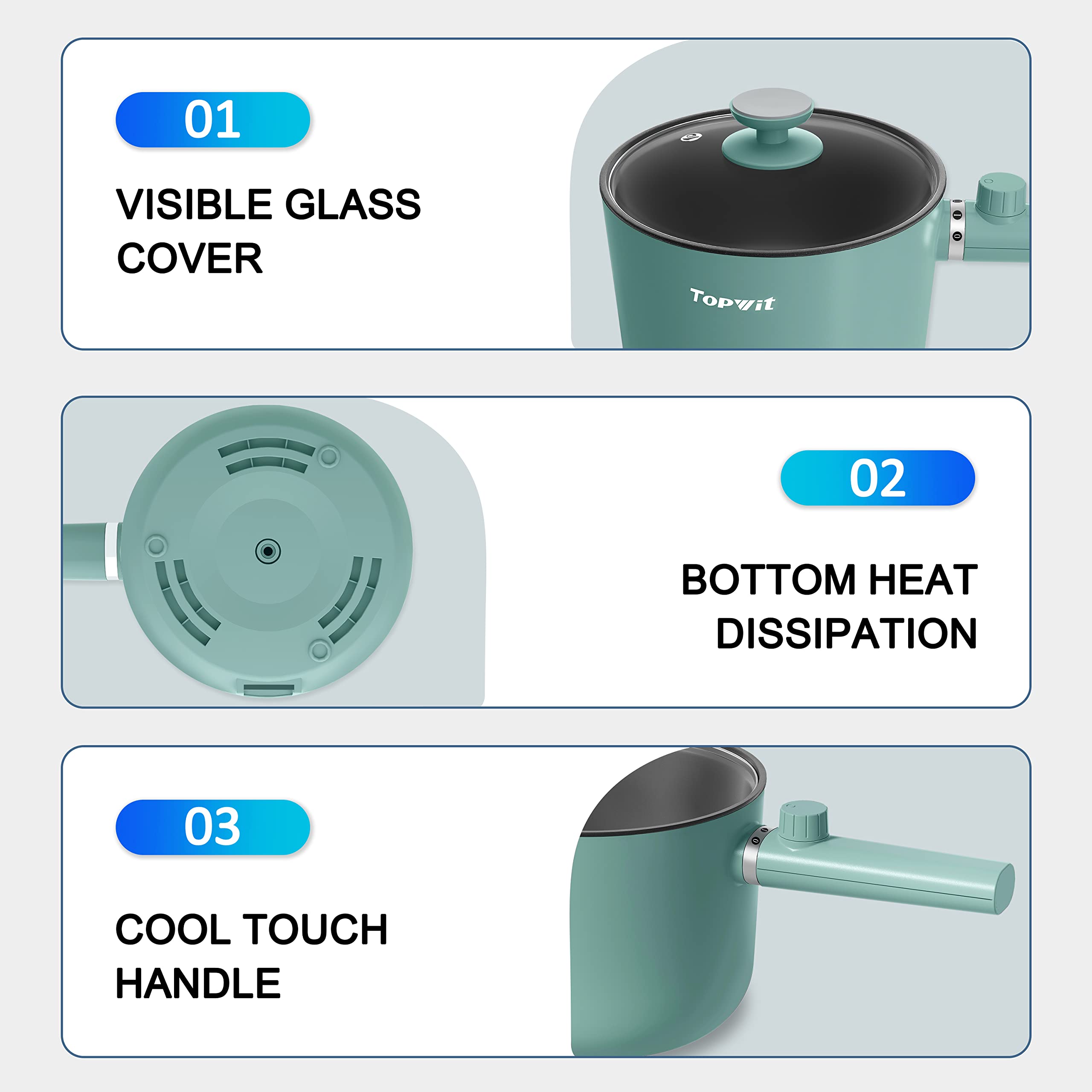 Topwit 1.5L Electric Hot Pot & Ramen Cooker - Portable Non-Stick Frying Pan for Pasta, Steak, Soup - BPA Free with Dual Power Control & Overheating Protection - Perfect for Dorm, Office, Camping & Small Kitchen Cooking