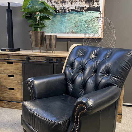 Vintage Black Harry Buttoned Leather Armchair with Castor Wheels - Classic Office Chair, Living Room Seating & Home Decor Accent Piece