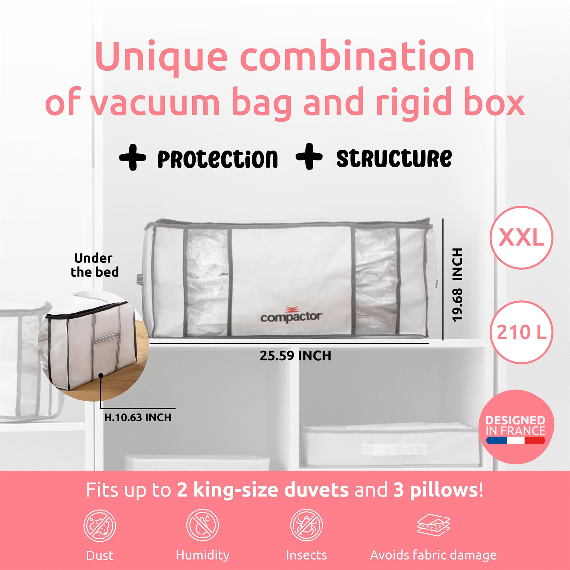 XXL Compactor Vacuum Storage Bags with Semi-Rigid Box - Space Saving Vacuum Seal Bags for Clothes, Comforters & Blankets - Perfect for Travel, Seasonal Storage & Home Organization