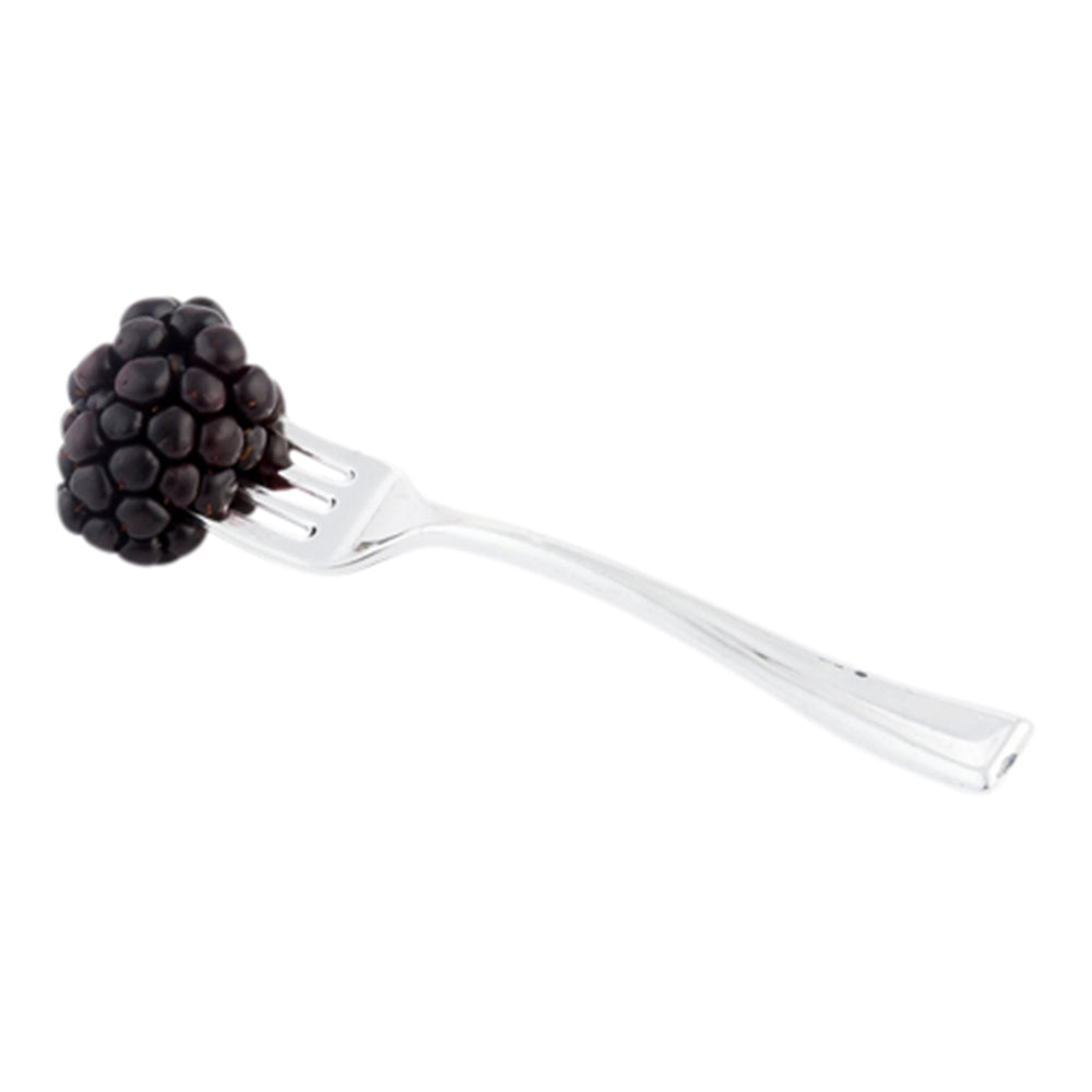 100-Pack 4 oz White Plastic Mini Crescendo Cups & 100 Silver Plastic Mini Forks - Perfect for Parties, Weddings, and Catering Events