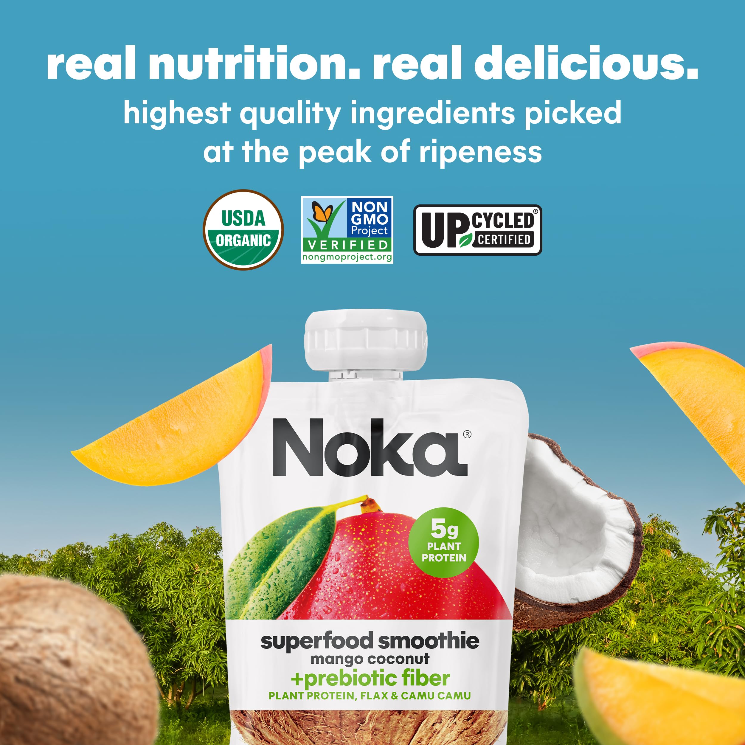 Organic Noka Superfood Fruit Smoothie Pouches - Mango Coconut Flavor, Vegan & Gluten Free Snacks with Flax Seed, Plant Protein & Prebiotic Fiber, Healthy On-the-Go Snack (4.22 oz, 12 Count) - Perfect for Lunchboxes, Workouts & Outdoor Activities