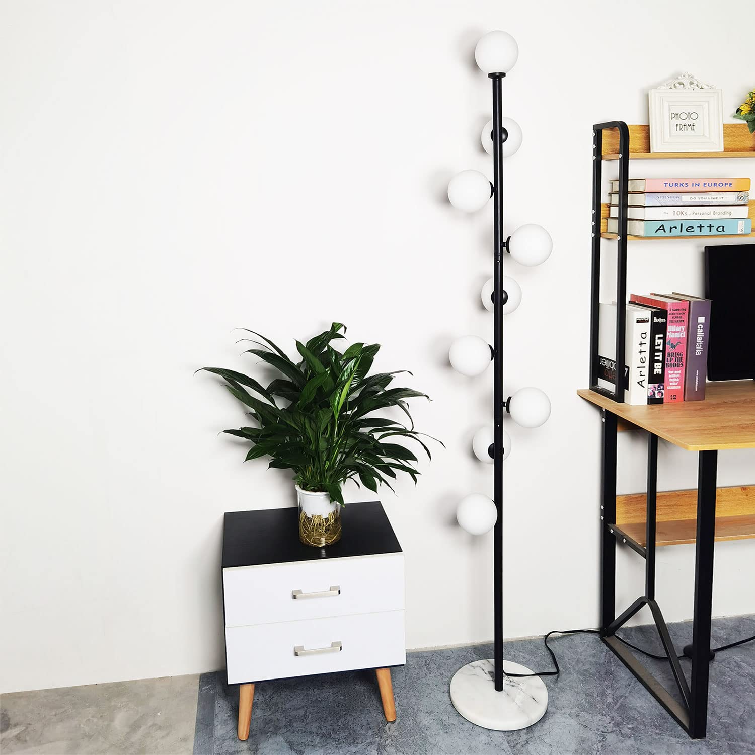 Modern Black Floor Lamp with 9 LED Bulbs - Creative Globe High Pole Standing Tree Lamp for Living Room, Bedroom, Office - Perfect for Reading, Relaxing & Home Decor