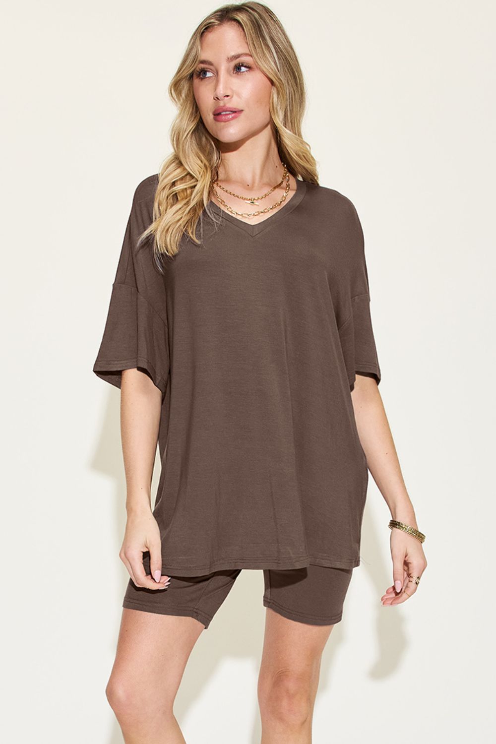 Plus Size V Neck Drop Shoulder T-Shirt and Shorts Set for Women - Comfortable Summer Outfit for Casual Wear, Beach, Vacation & Lounge