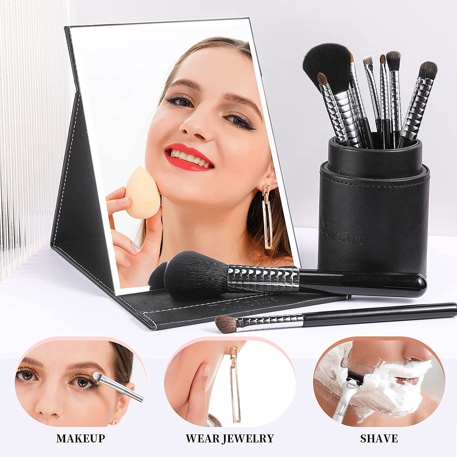 Swilak Folding Makeup Mirror with Adjustable Stand - PU Leather Cover, Desktop Vanity Mirror for Makeup & Shaving - Perfect for Travel, Home Decor, Beauty Gifts (Black) - Ideal for Bedroom, Bathroom & Dressing Table