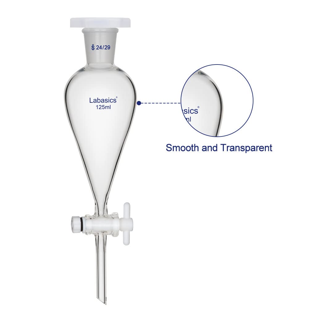 Labasics 125ml Heavy Wall Borosilicate Glass Conical Separatory Funnel with 24/29 Joints & PTFE Stopcock - Ideal for Chemical Labs, Liquid Extraction, and Solvent Separation