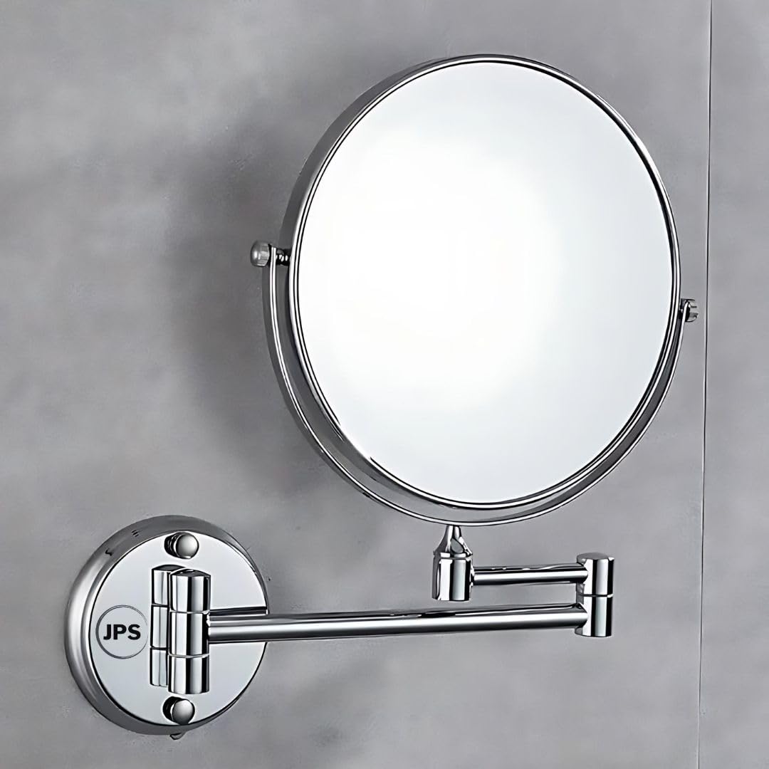 JPS 8 Inch Round Wall Mount Makeup Mirror with 5X Magnification - Brass Framed Adjustable Bathroom Mirror with Bracket (Silver Series) | Perfect for Shaving, Makeup Application & Grooming