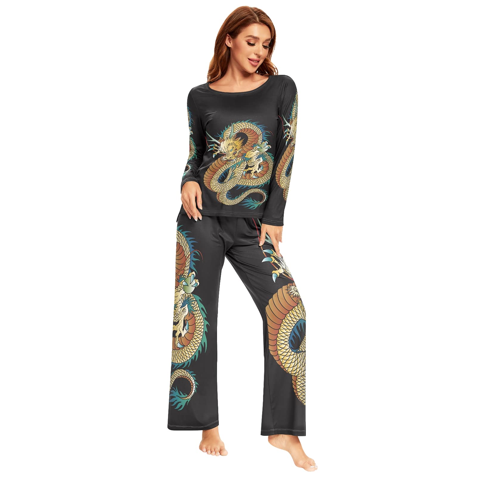 ALAZA Japanese Dragon Black Pajamas Set for Women - 2 Piece Long Sleeve Sleepwear & Lounge Wear Set - Soft Cotton Nightwear for Relaxing at Home, Sleepovers, and Spa Nights