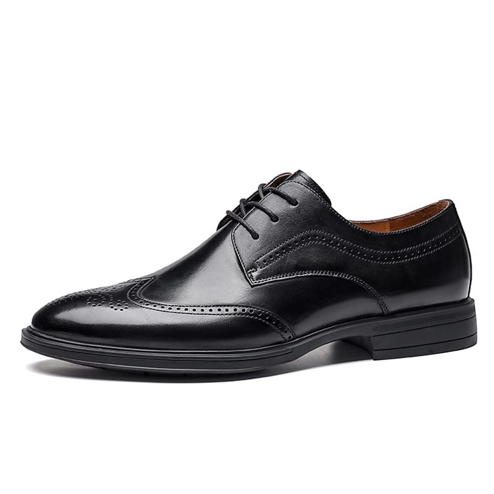 Men's Leather Dress Shoes - Formal Oxford Lace-Up Brogue Derby with Embossed Burnished Toe | Slip-Resistant Rubber Sole & Block Heel | Perfect for Business, Office, Wedding & Prom | Black