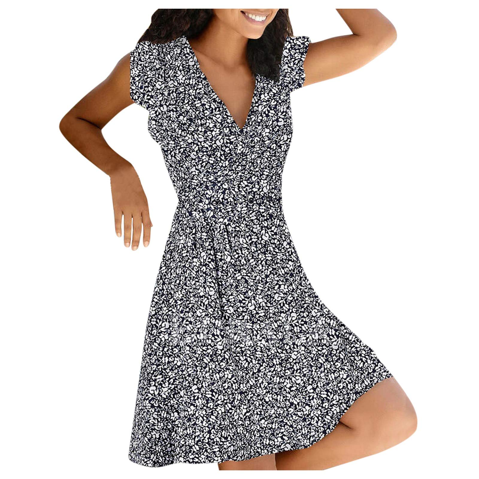 Dumanfs Women's Floral Print V-Neck Sleeveless Summer Dress - Casual Loose Fit Beach Cover Up for Vacation, Pool Party & Outdoor Activities