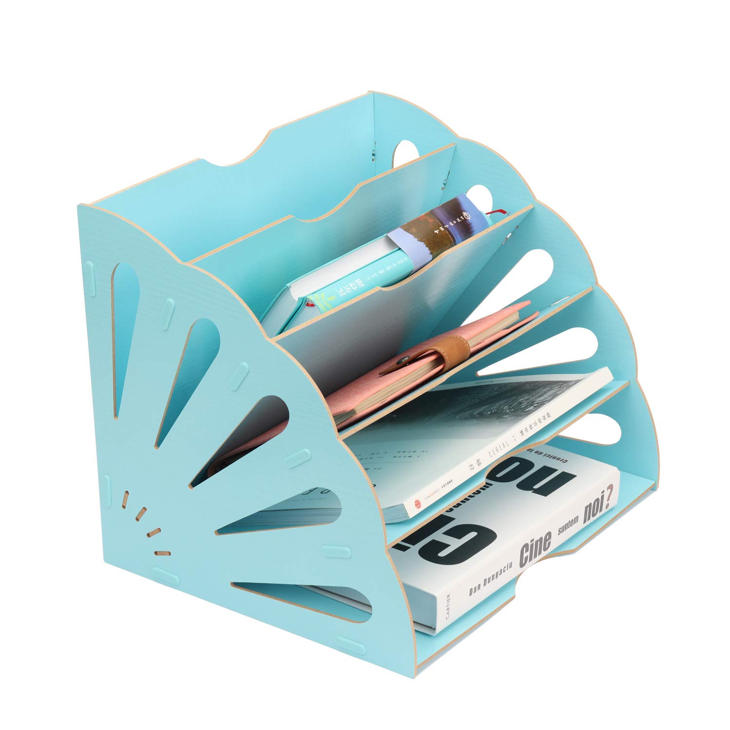 5-Section Wooden Desktop File Organizer - Foldable Document Sorter with Buckle Design for Office, Home & School | Perfect for Bills, Letters, Notebooks & DIY Organization (Light Blue)