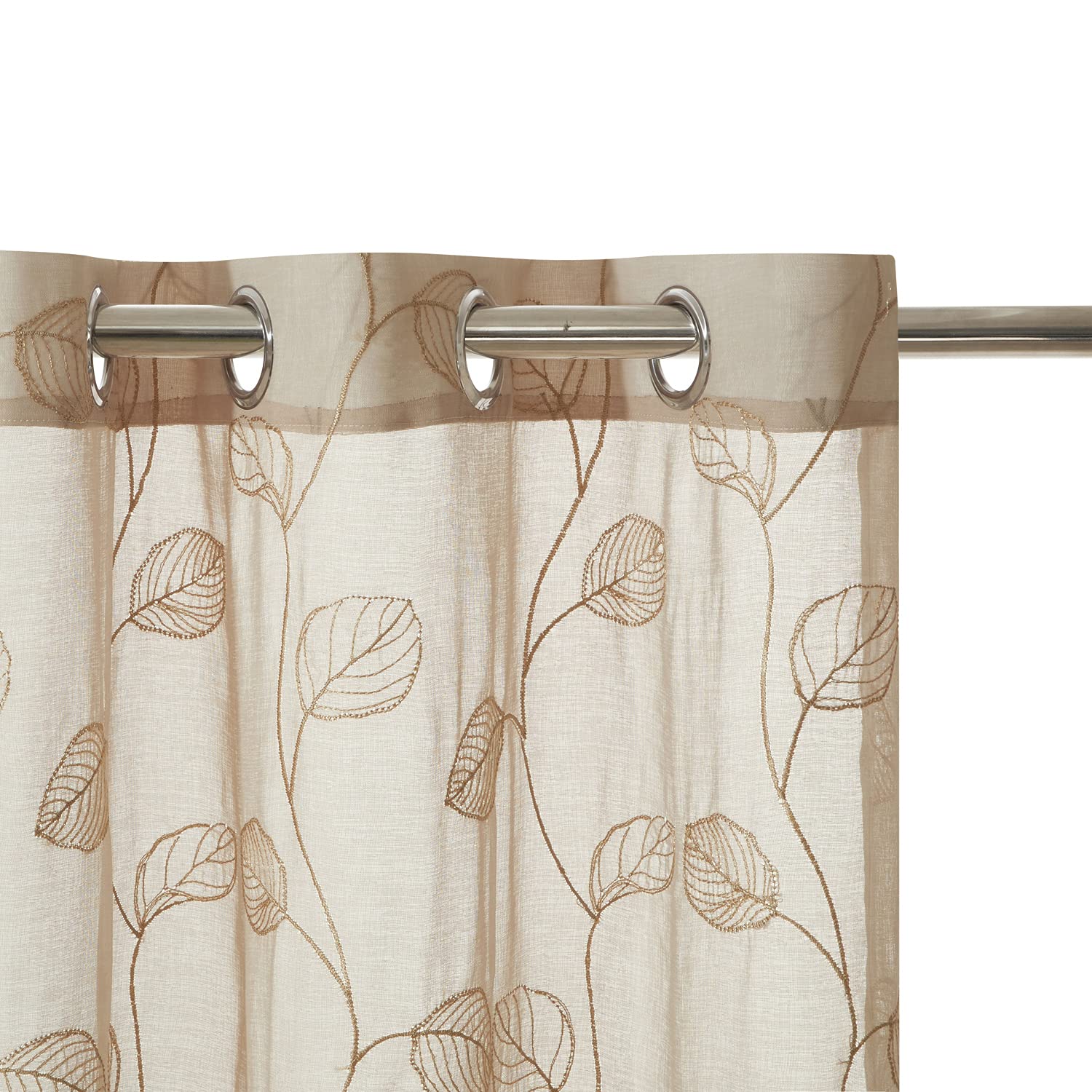 LoyoLady 96 Inch Sheer Champagne Curtains - 2 Panel Set with Leaf Embroidery, Grommet Top Semi-Transparent Window Drapes (52