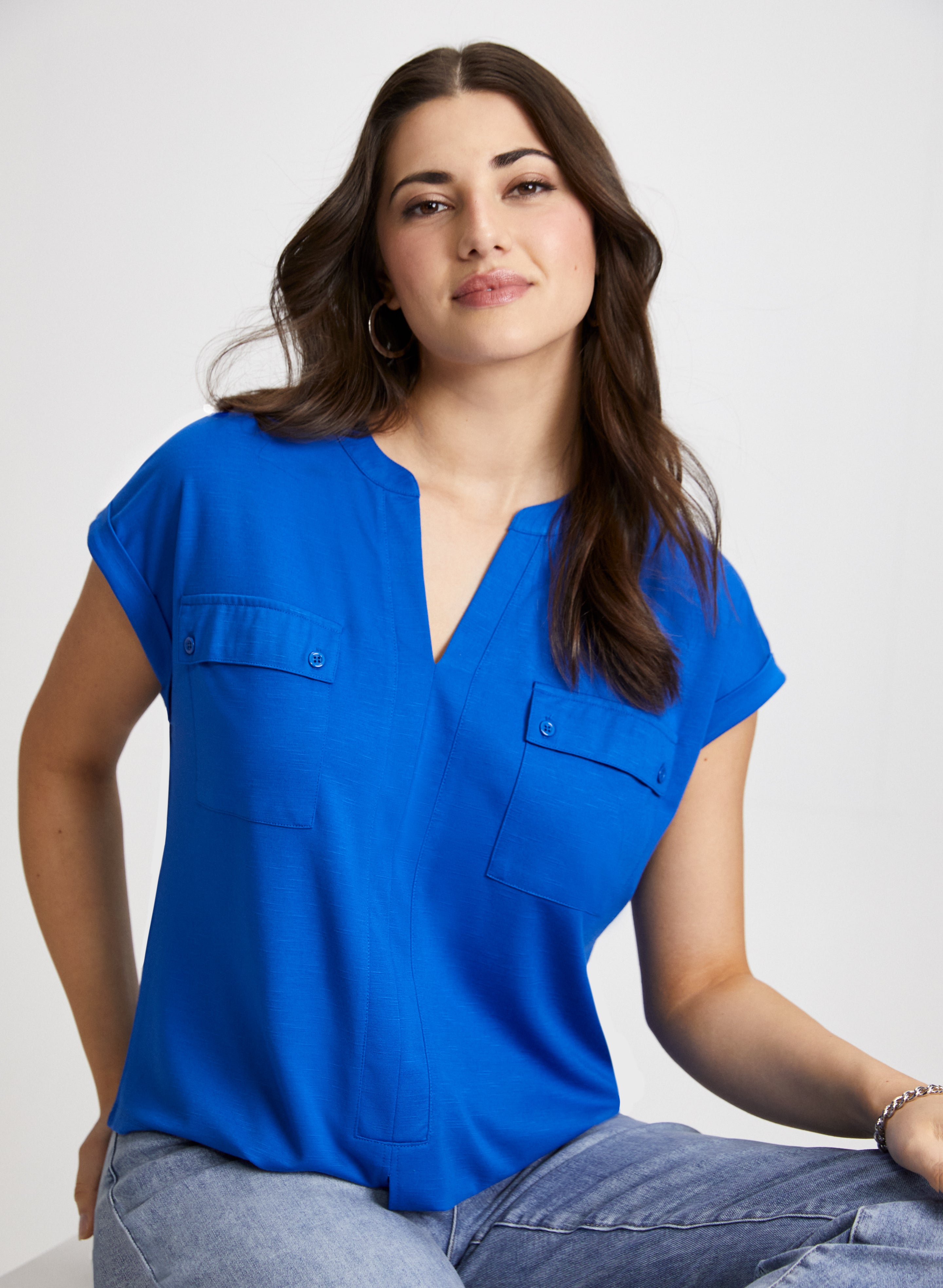 Flap Pocket Detail Top - Stylish Women's Blouse with Front Flap Pockets for Casual & Office Wear | Perfect for Work, Dates & Everyday Outfits