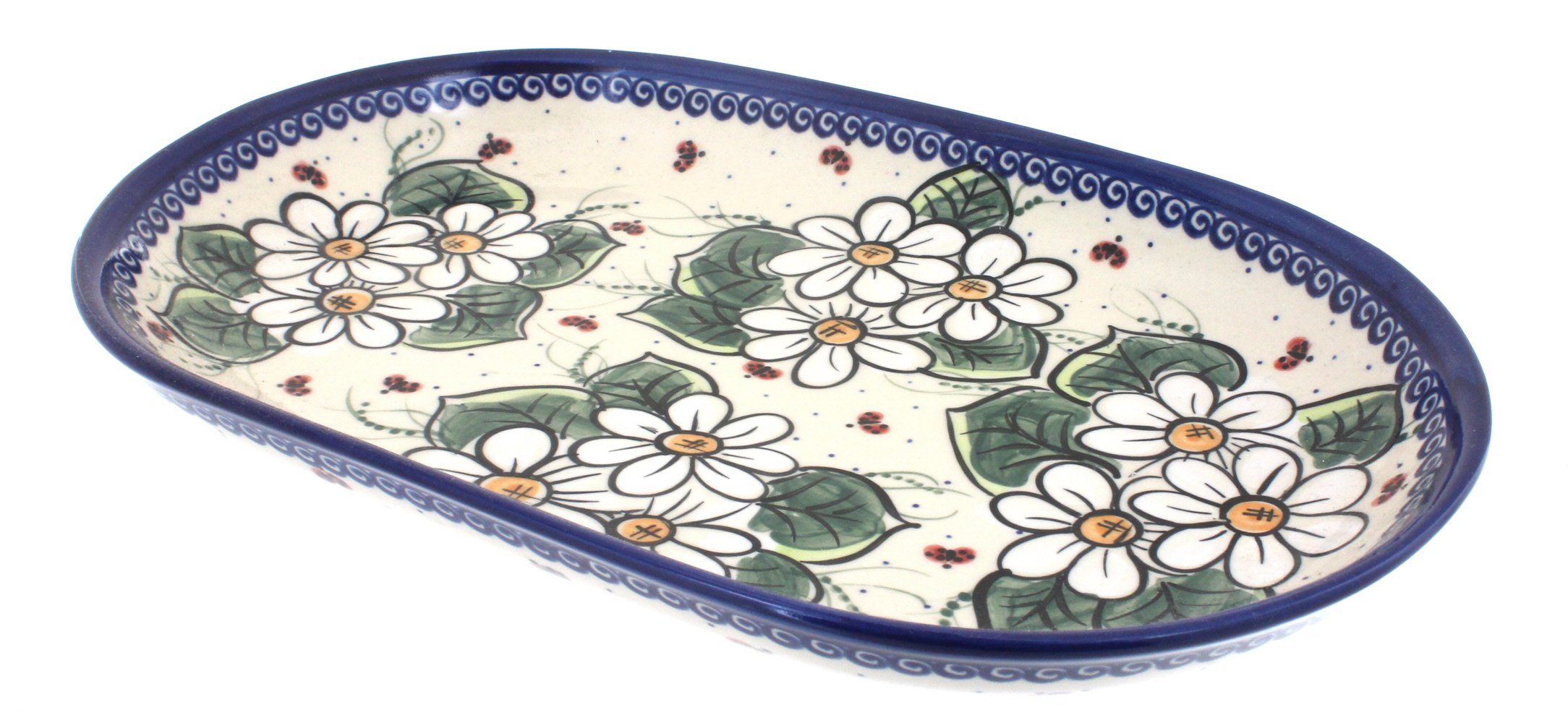 Hand-Painted Blue Rose Polish Pottery Ladybug Large Oval Serving Dish - Perfect for Entertaining, Home Decor & Gift Giving