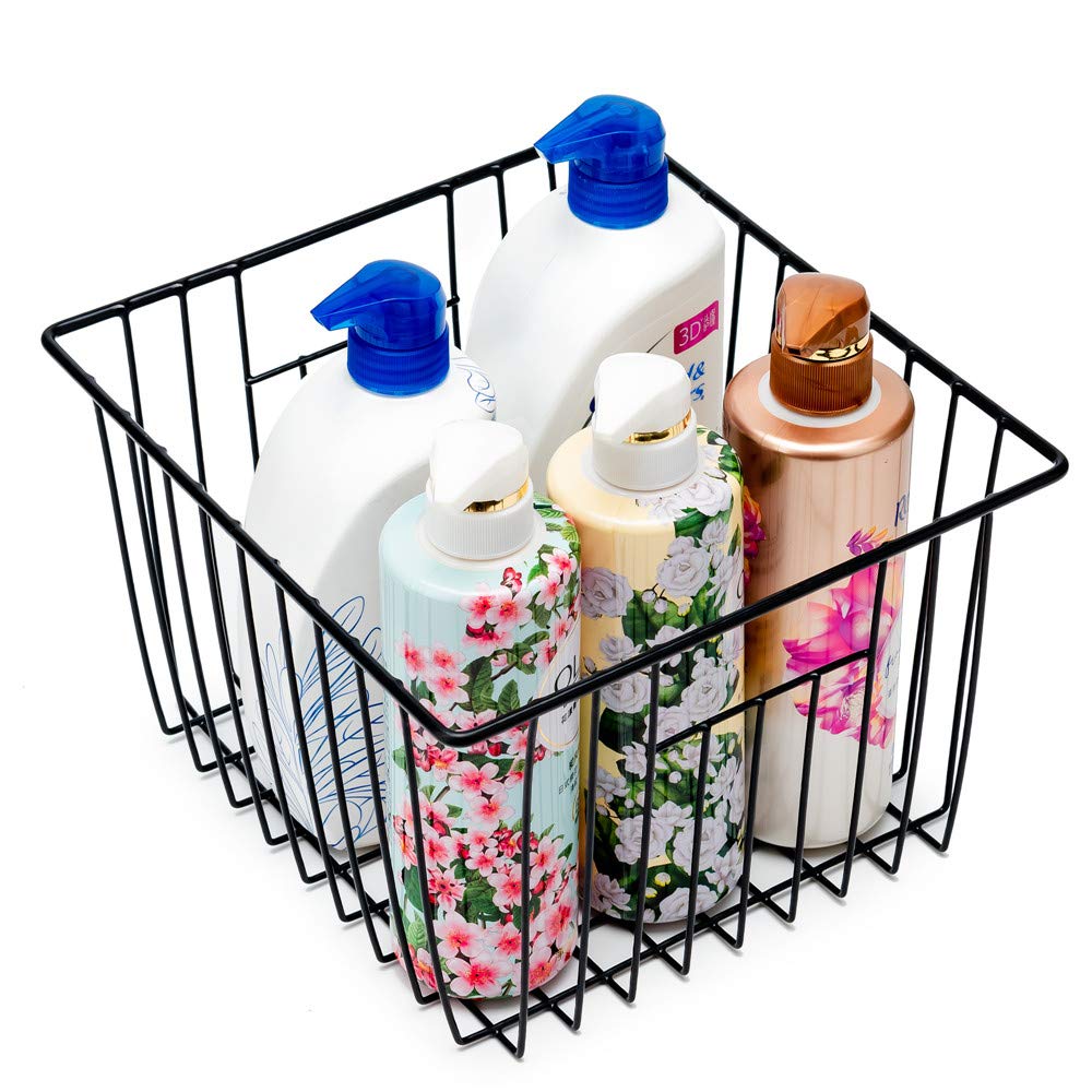 SANNO Black Wire Storage Baskets - 3 Pack Metal Farmhouse Organizer for Pantry, Freezer, Kitchen Cabinet & Bathroom | Durable Closet & Shelf Storage Bins for Home Organization (Black)