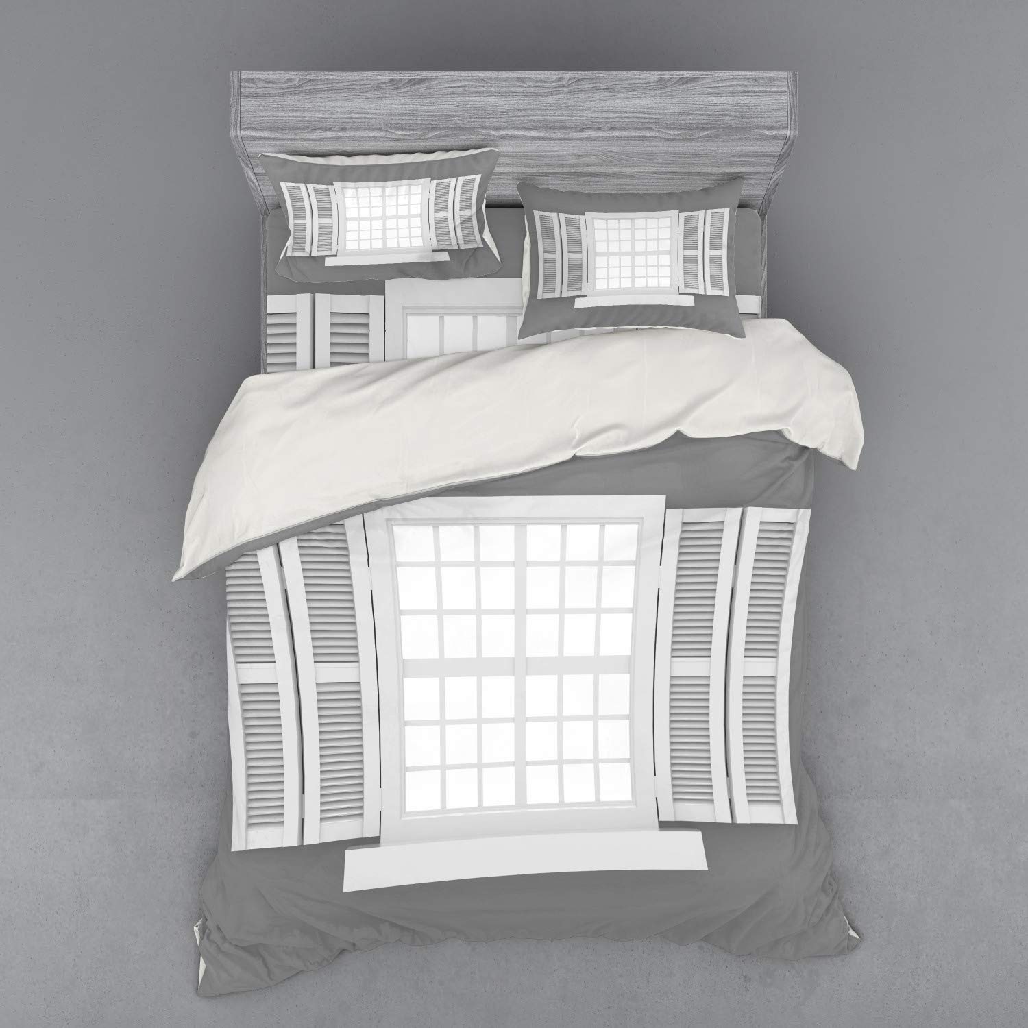 Ambesonne Country Duvet Cover Set 4-Piece Queen Size - Wooden Window Shutters Traditional Antique Bohemian Design Grey White Bedding Set with Shams & Fitted Sheet | Perfect for Farmhouse, Cottage & Vintage Style Bedrooms