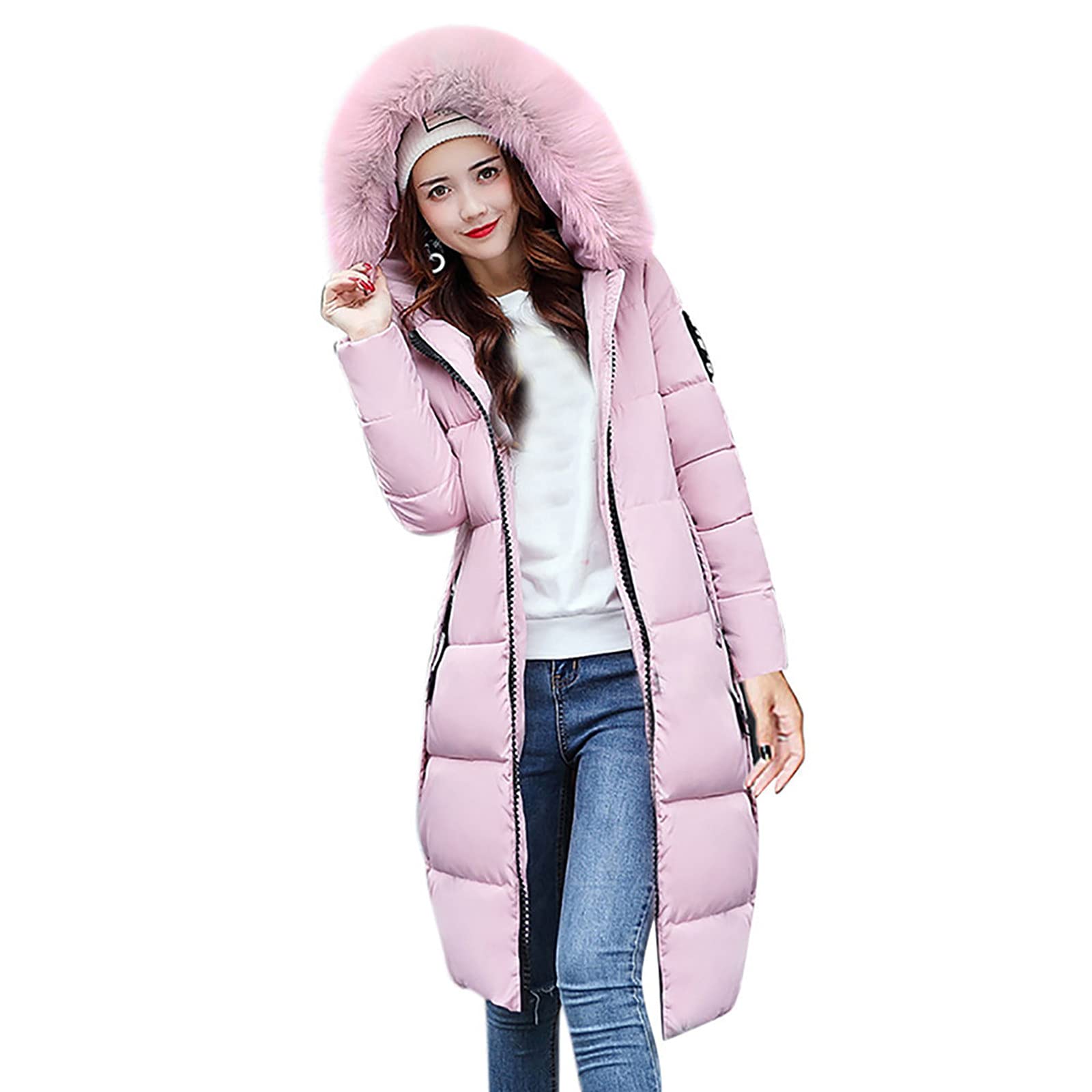 Plus Size Women's Winter Jacket with Fur Hood - Quilted Zip Up Hoodie & Warm Long Cardigan for Outdoor Activities | Cozy Winter Coat for Snow Days, Commuting and Casual Wear