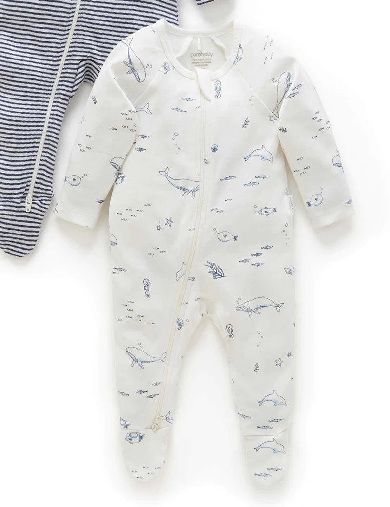 Purebaby Organic Cotton Zip Growsuit 2-Pack - Vanilla Nautical Stripes | Soft Baby Sleepwear for Boys & Girls | Perfect for Nursery, Daycare & Playtime