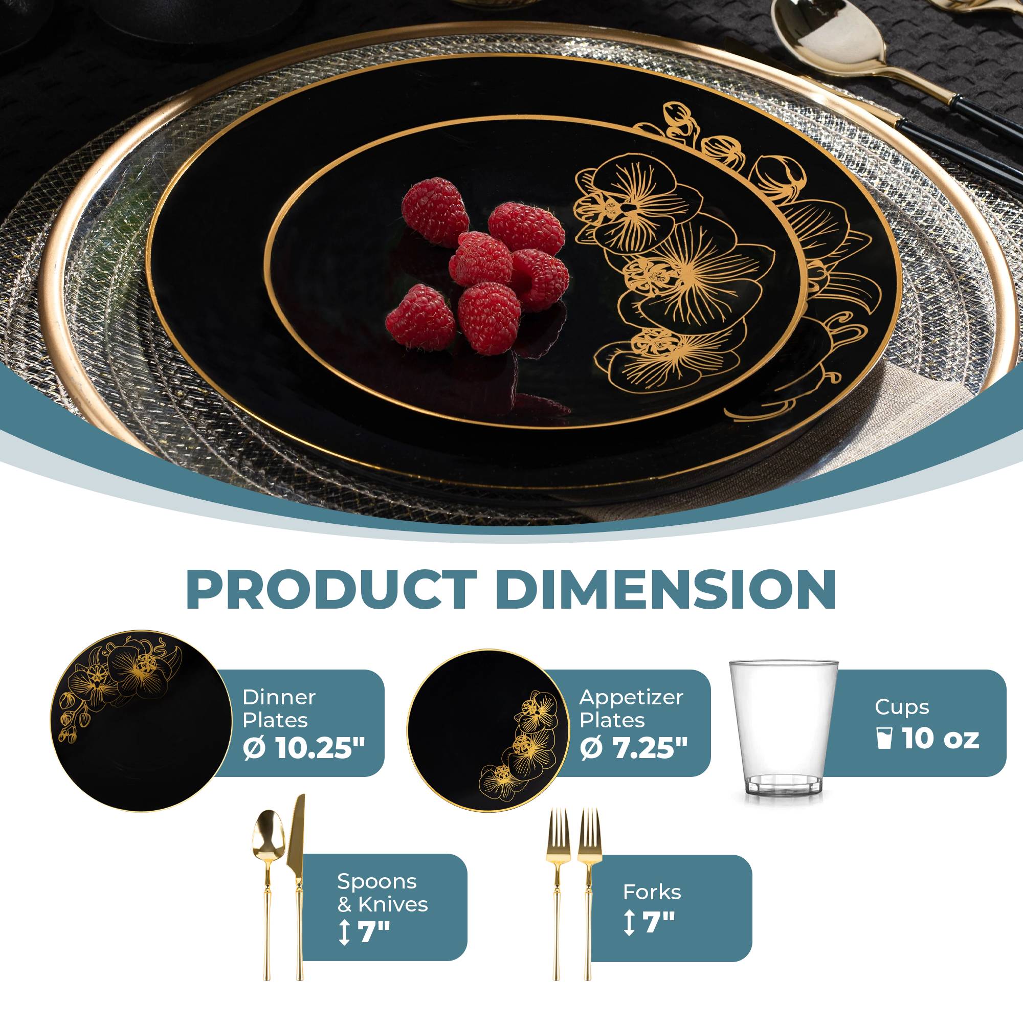 Elegant Black and Gold Plastic Party Bundle with Orchid Decor - Perfect for Weddings, Birthdays & Special Events
