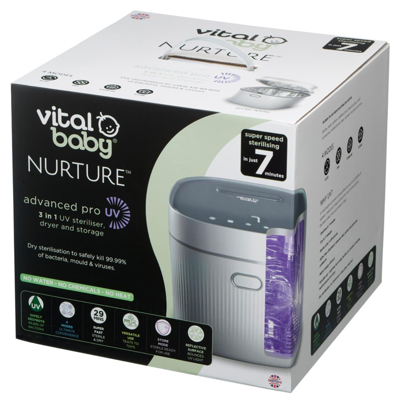 Vital Baby UV Sterilizer and Dryer for Baby Bottles, Pacifiers & Toys - 3-in-1 Sanitizing Machine Kills 99.9% Germs in 7 Minutes | White | Perfect for Nursery, Daycare and Travel Use